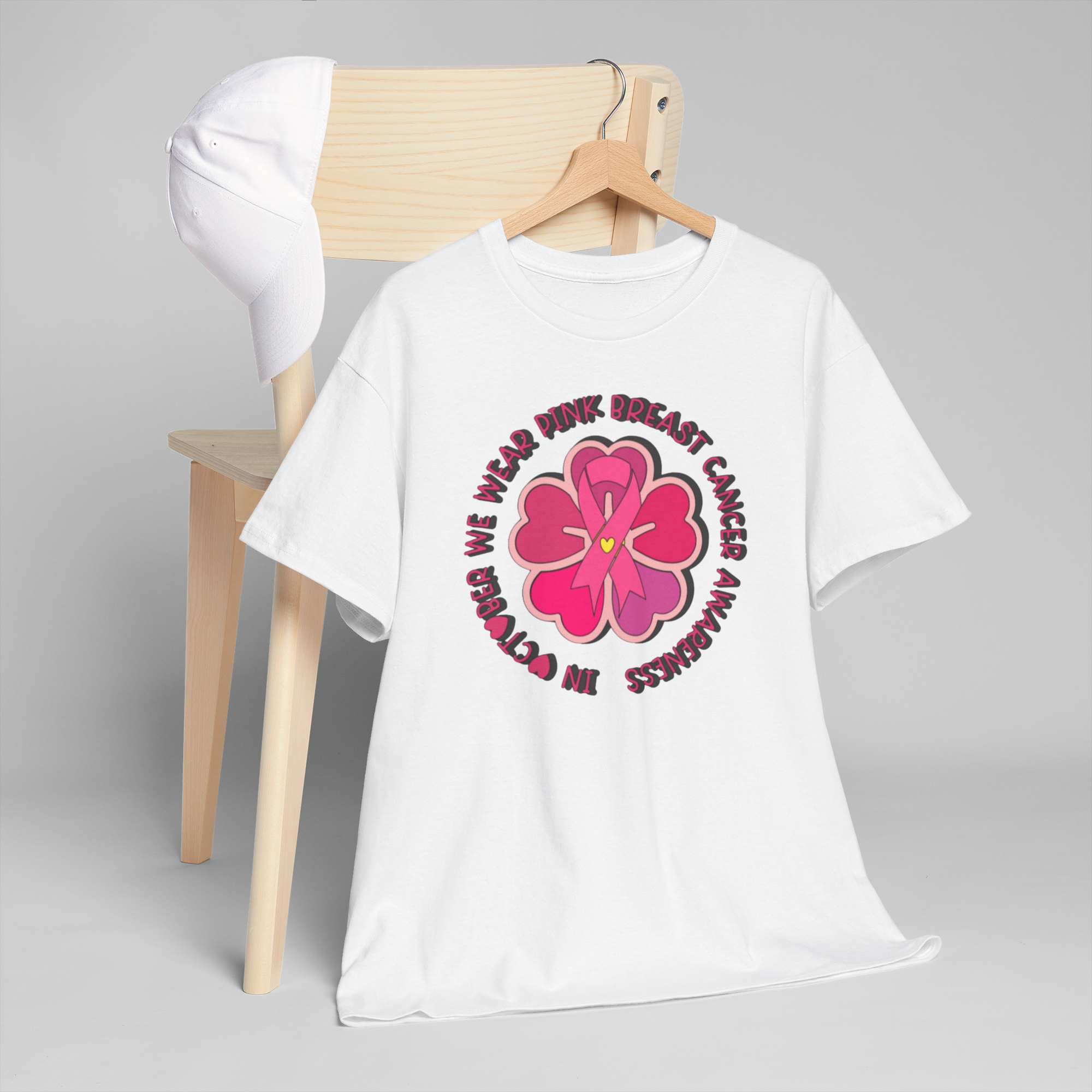 Pink Flower breast cancer Gildan 5000 tee with circular pink ribbon design on a white t-shirt.