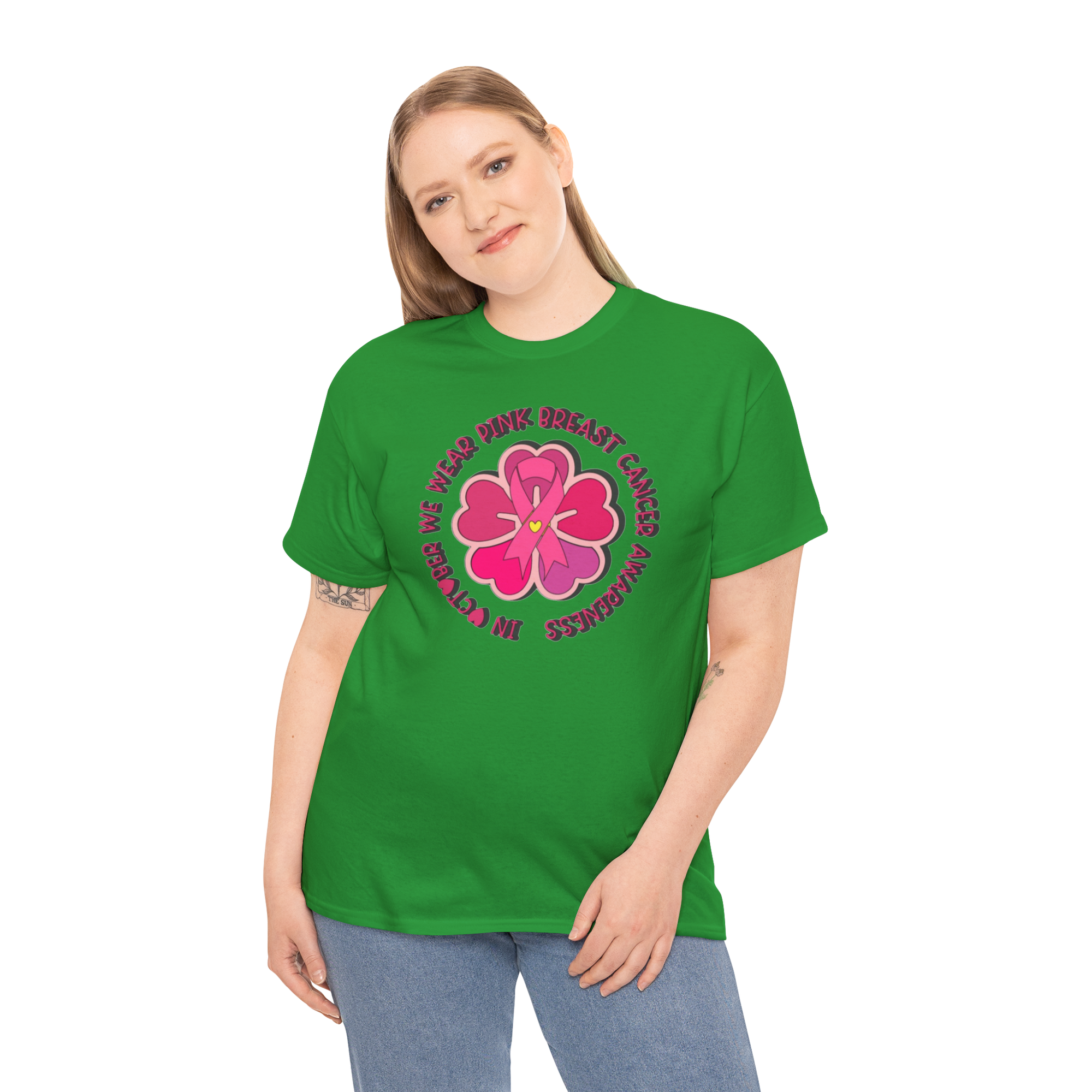 Green Gildan 5000 T-shirt with pink flower design encircled by breast cancer awareness text.