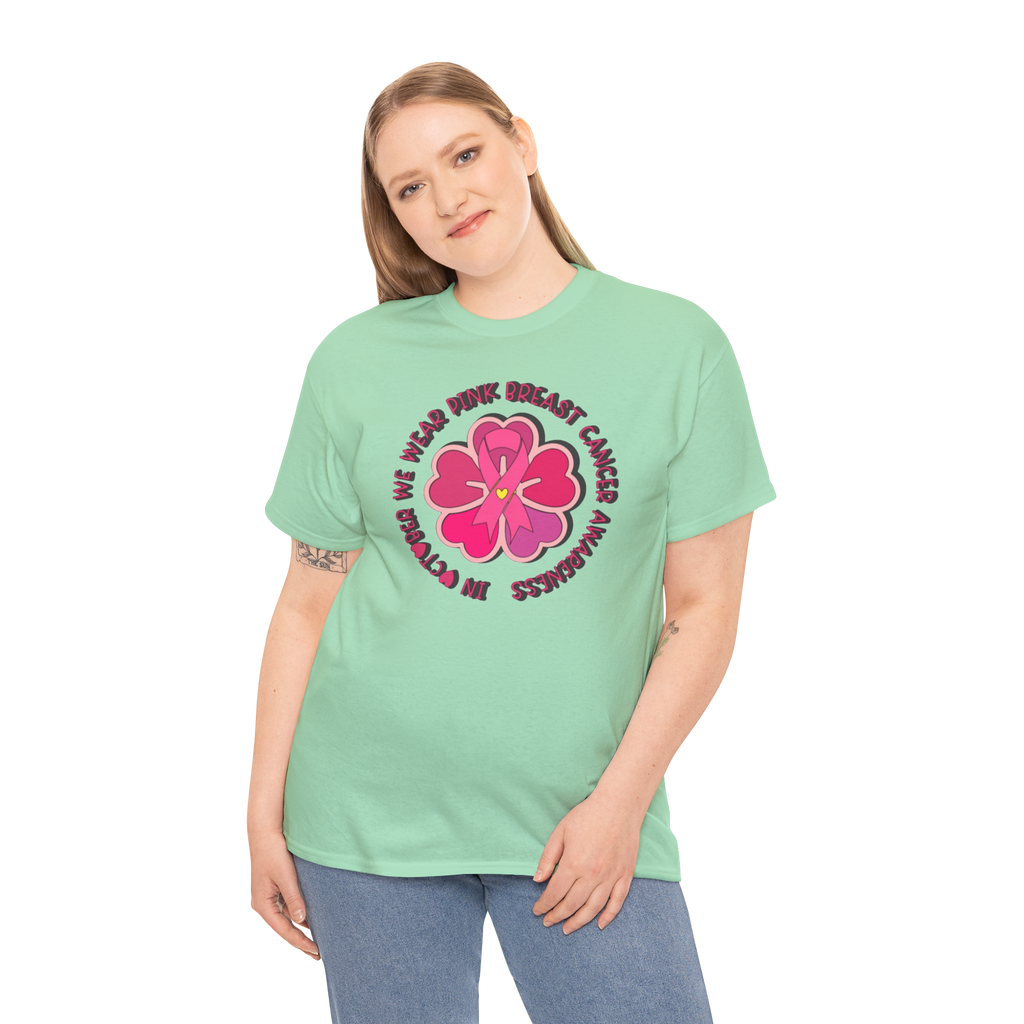 Mint green Gildan 5000 tee featuring a pink flower breast cancer awareness circular design.