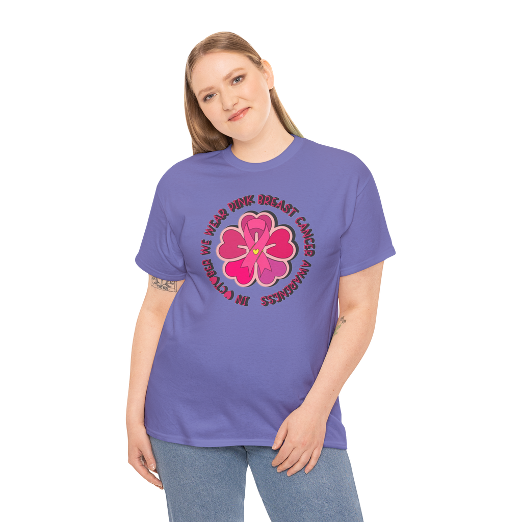 Pink Flower breast cancer Gildan 5000 tee with pink flower design.