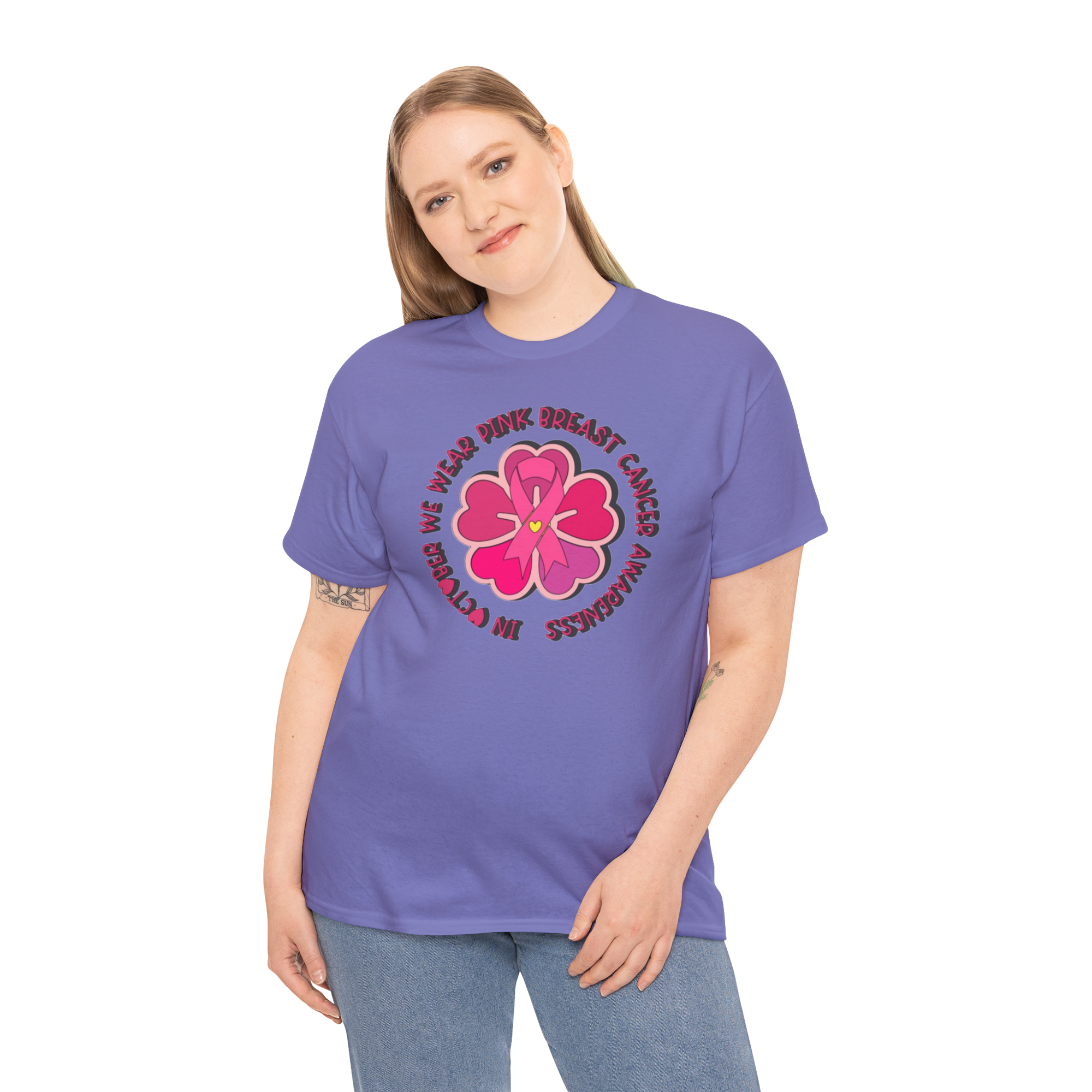 Pink Flower breast cancer Gildan 5000 tee with pink flower design.