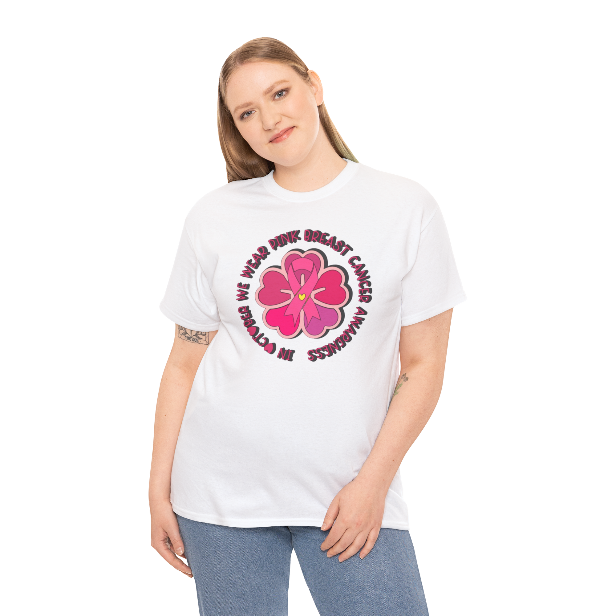 White Gildan 5000 T-shirt with pink flower emblem and circular breast cancer awareness slogan, worn by a smiling model.