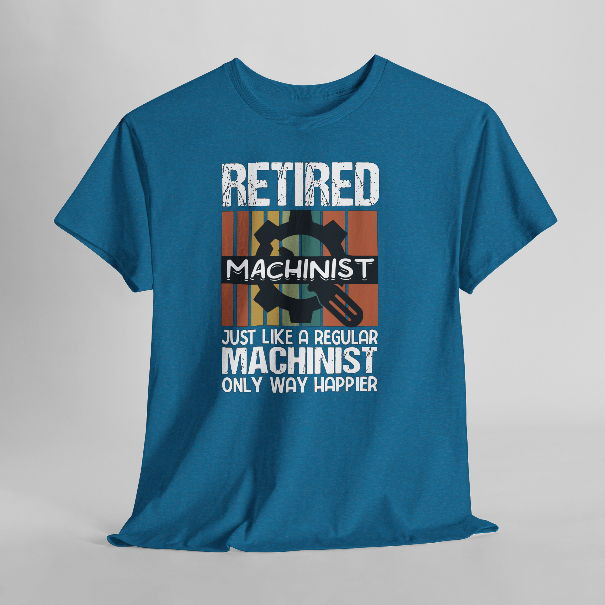 Blue Gildan 5000 tee featuring Retired Machinist graphic with gear and wrench and retirement caption.