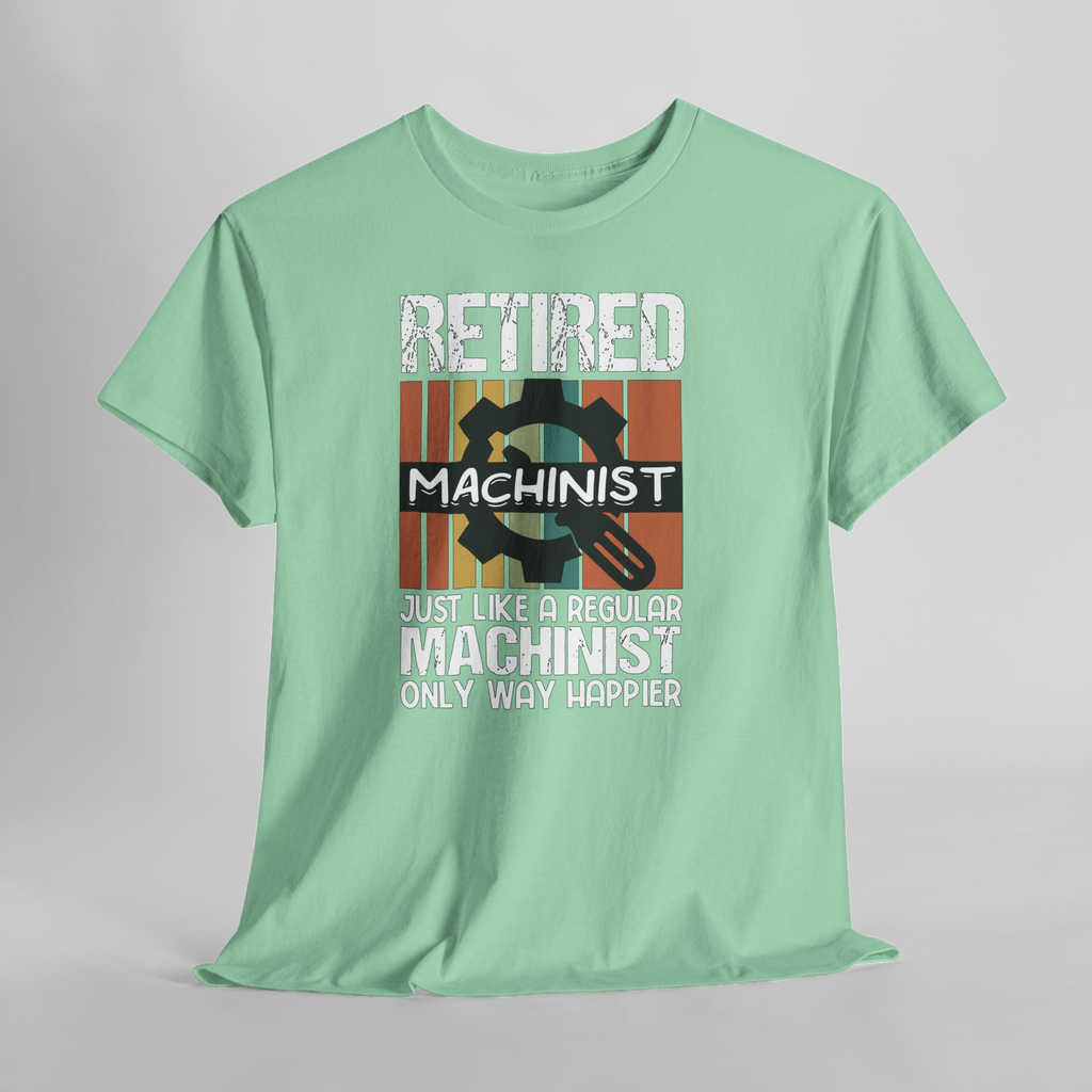 Mint green Gildan 5000 tee featuring Retired Machinist with gear graphic and striped background.