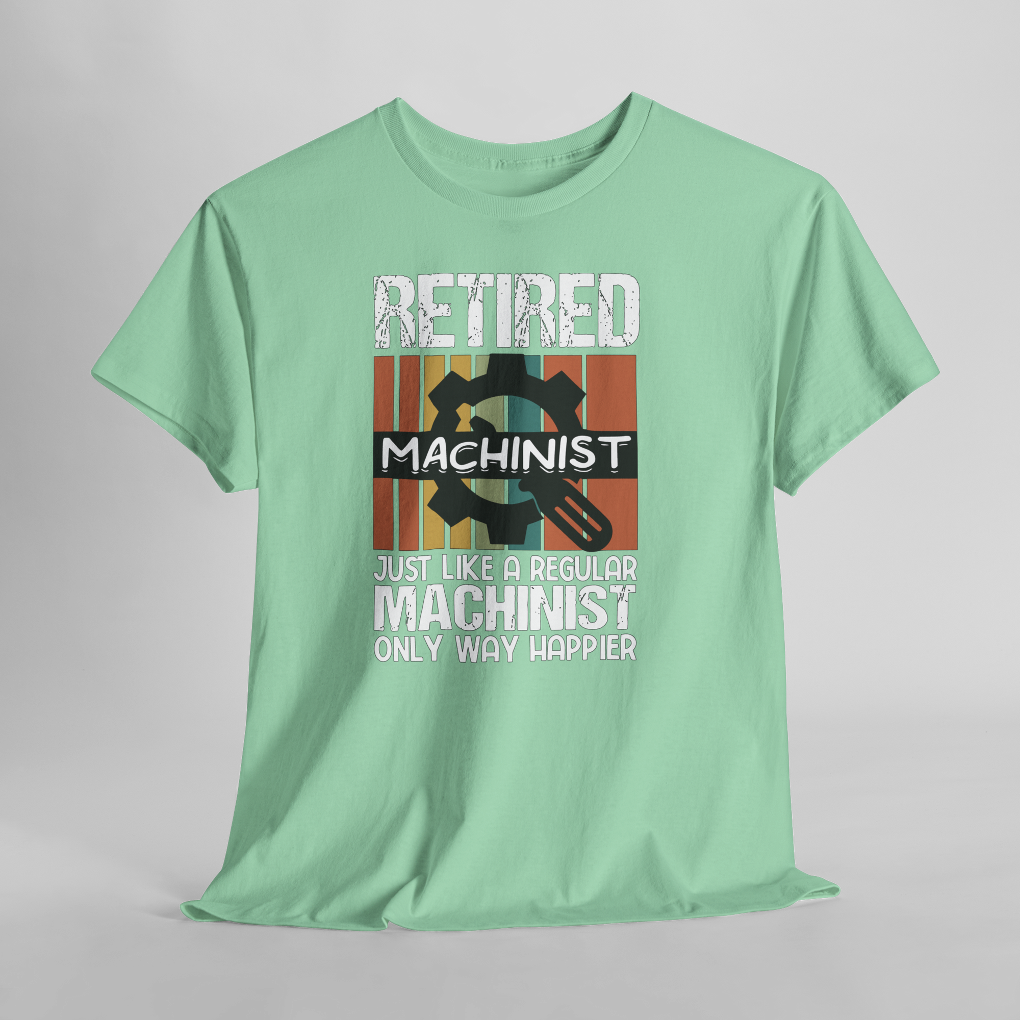 Mint green Gildan 5000 tee featuring Retired Machinist with gear graphic and striped background.