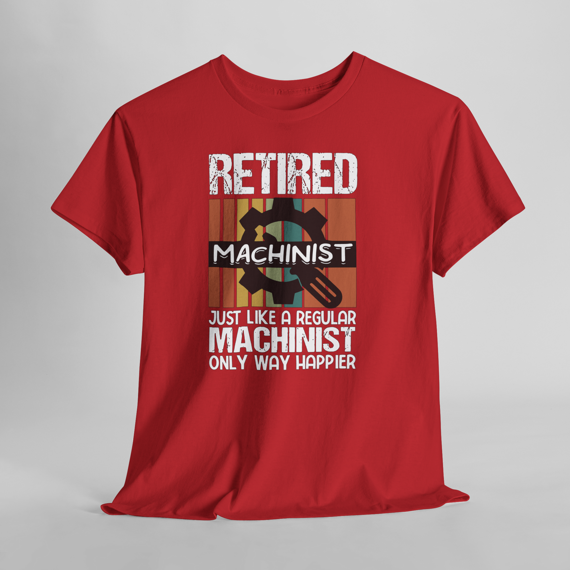 Red T-shirt featuring distressed white text Retired Machinist and a gear graphic.