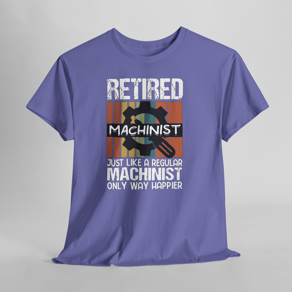 Retired Machinist T-shirt with gear graphic and bold text on a purple Gildan 5000 tee.