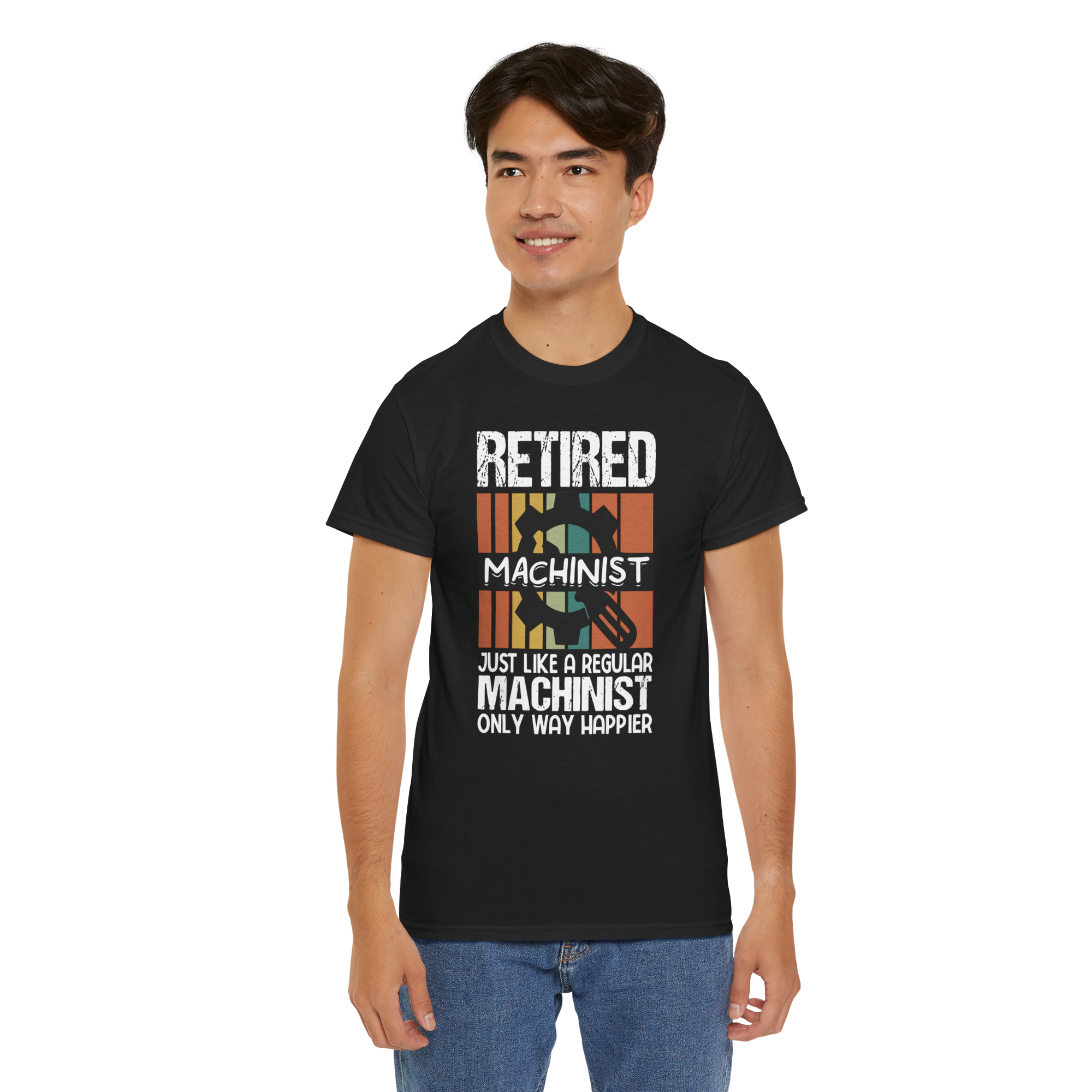 Man wearing black Gildan 5000 T-shirt featuring Retired Machinist graphic with gear design