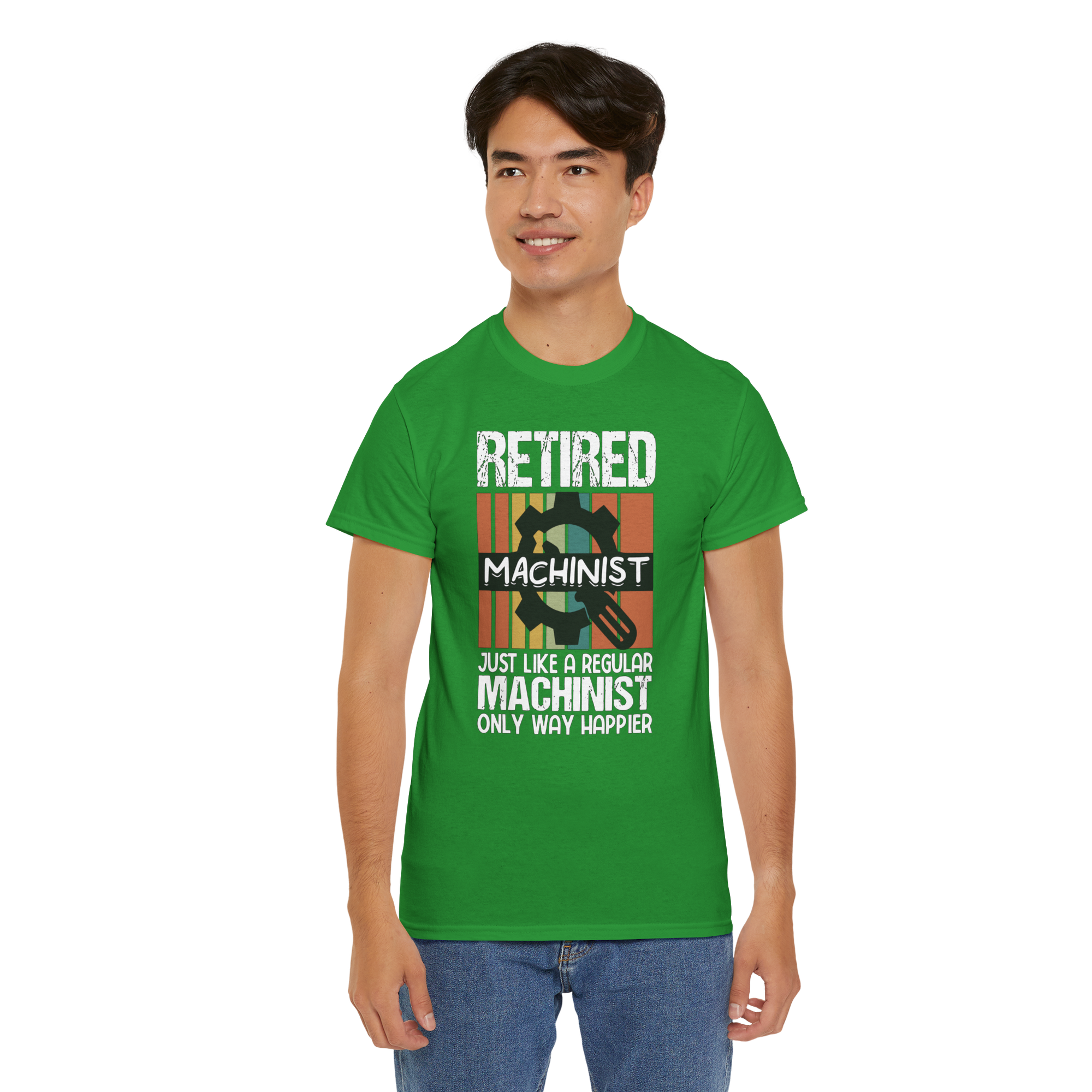 Green Retired Machinist T-Shirt with gear graphic and bold text: Just like a regular machinist, only happier.