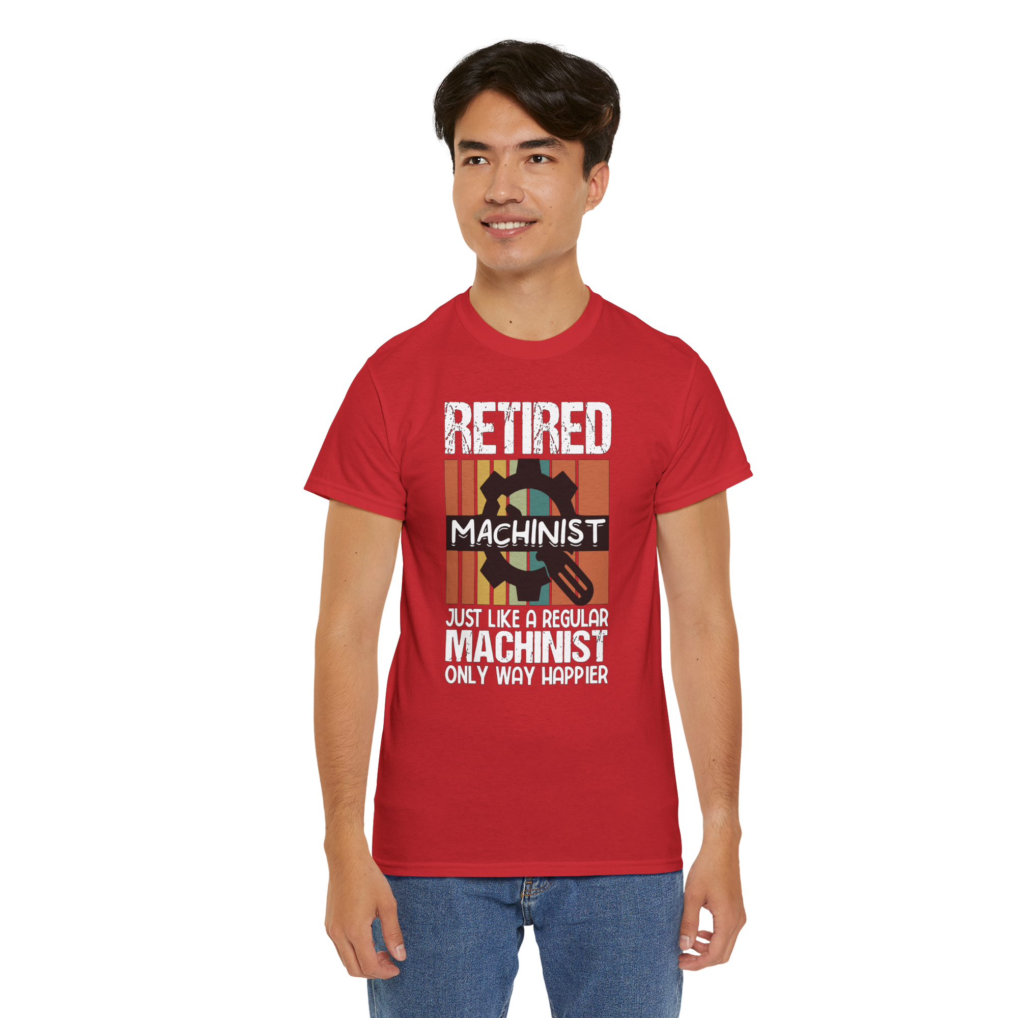 Adult man wearing a red T-shirt with bold 'Retired Machinist' text and gear graphic.