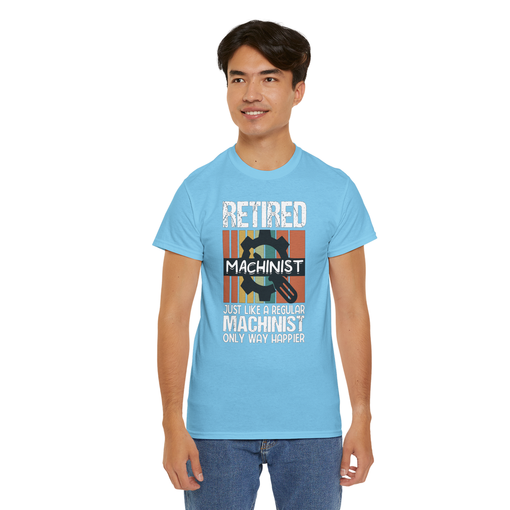 Retired Machinist T-shirt on model, light blue Gildan 5000 with gear graphic and bold text.