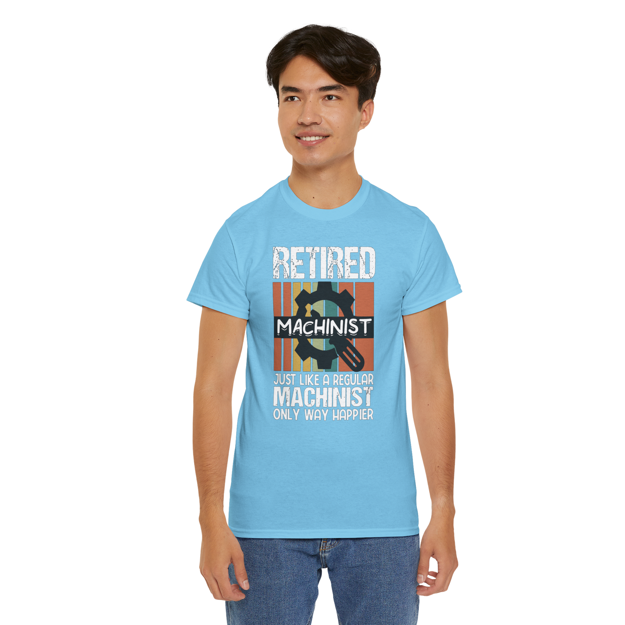 Retired Machinist T-shirt on model, light blue Gildan 5000 with gear graphic and bold text.