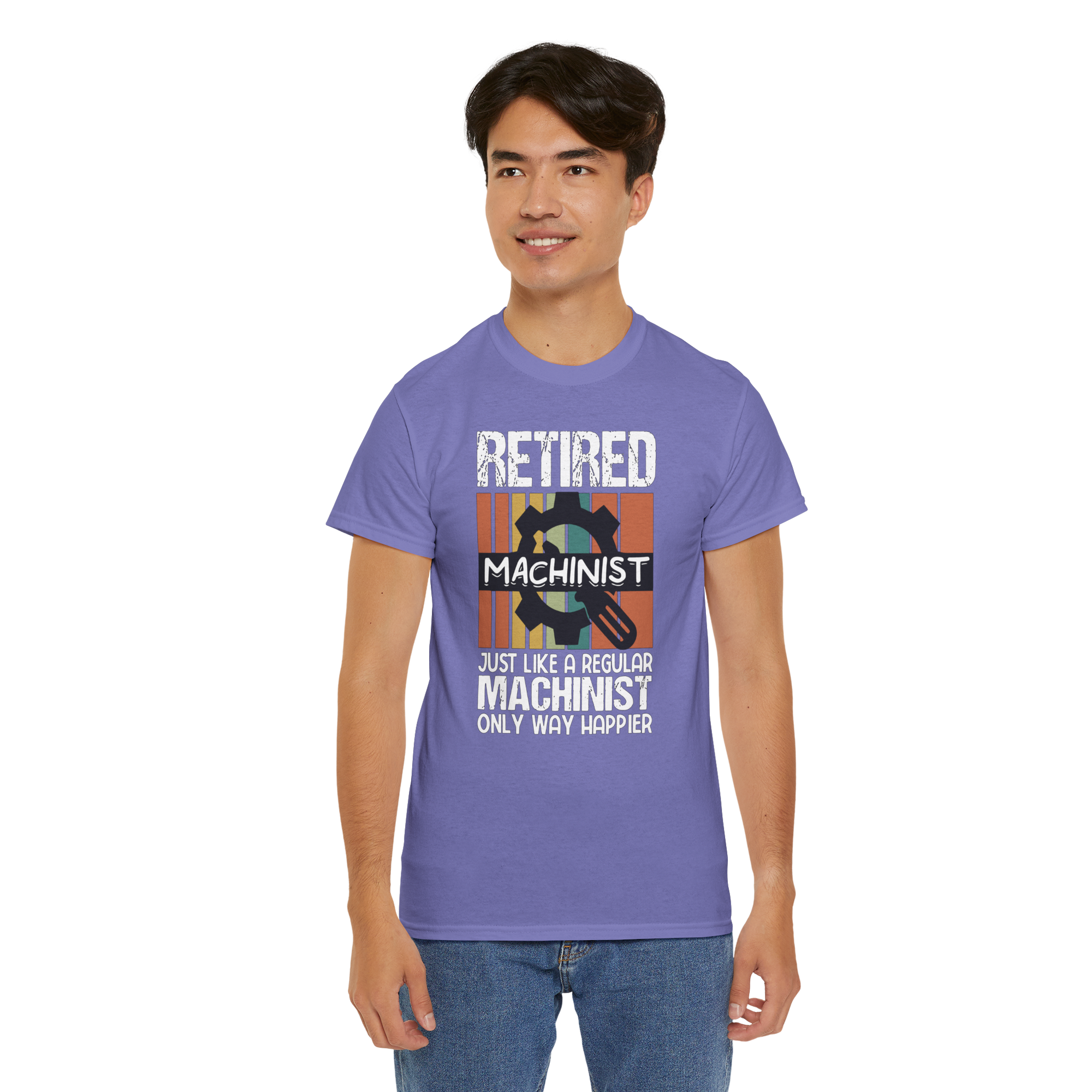 Man modeling a purple Retired Machinist T‑Shirt with bold gear graphic and witty slogan.