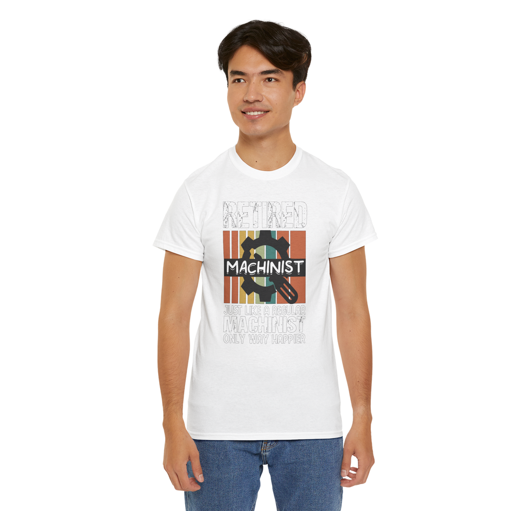Man wearing a white Gildan 5000 tee with Retired Machinist graphic and gear design.