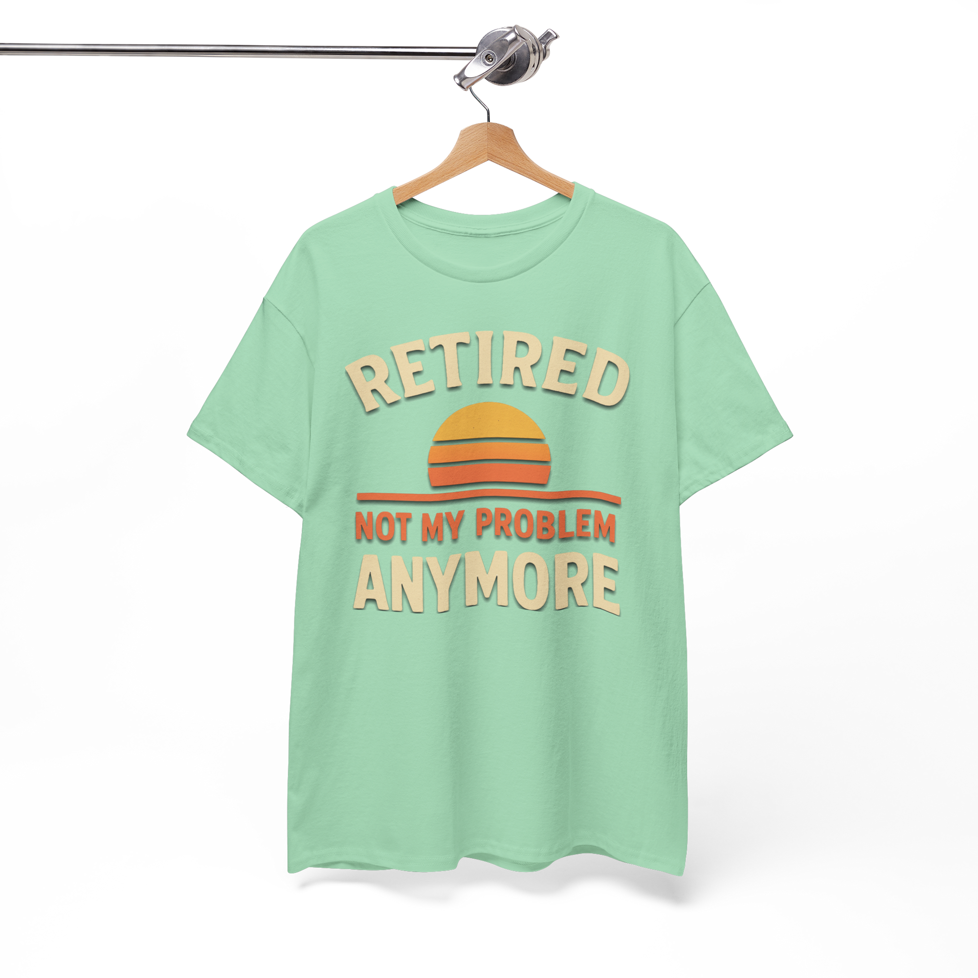 Mint green Retired Gildan 5000 Basic T-shirt with sunset graphic and Not My Problem Anymore text