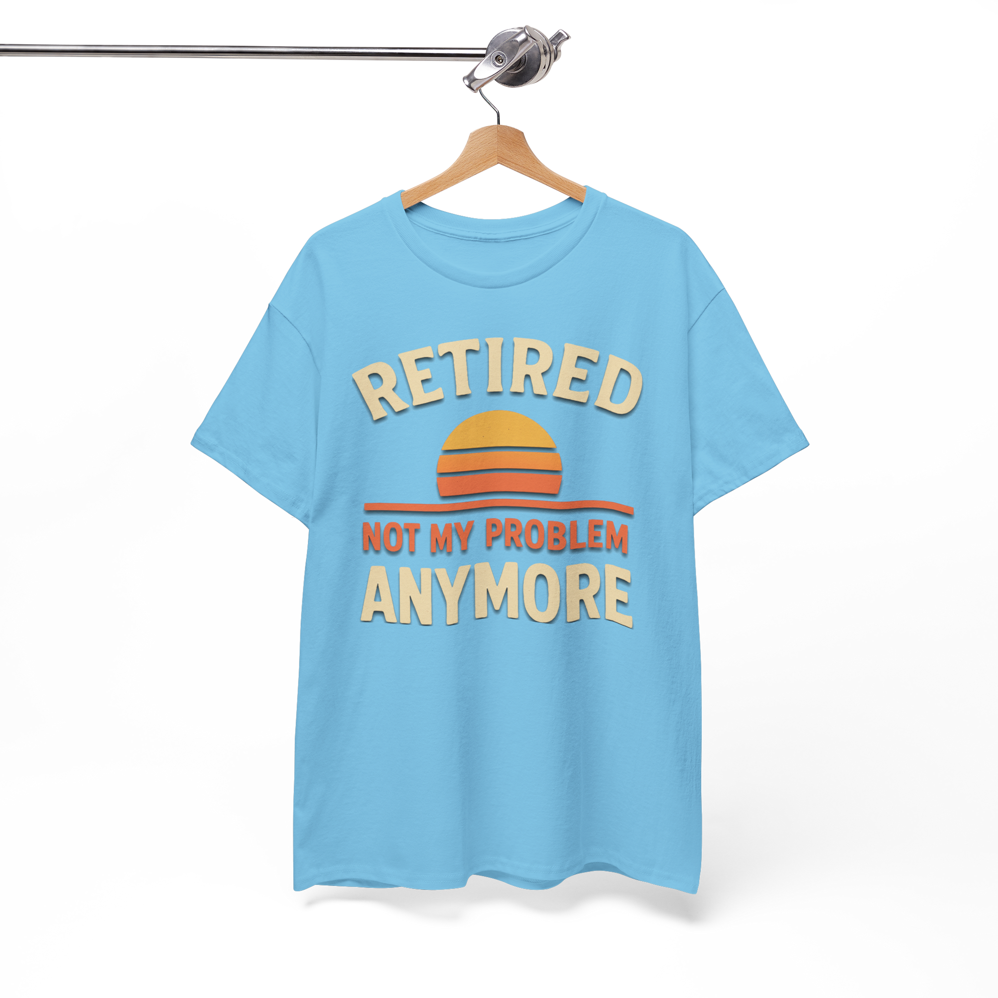 Retired Gildan 5000 Basic T shirt, light blue with sunset graphic and NOT MY PROBLEM ANYMORE slogan.