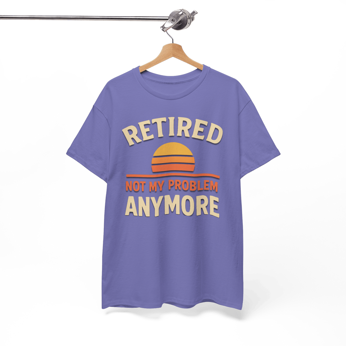 Lavender Gildan 5000 Basic T shirt with sunset graphic and the text RETIRED NOT MY PROBLEM ANYMORE