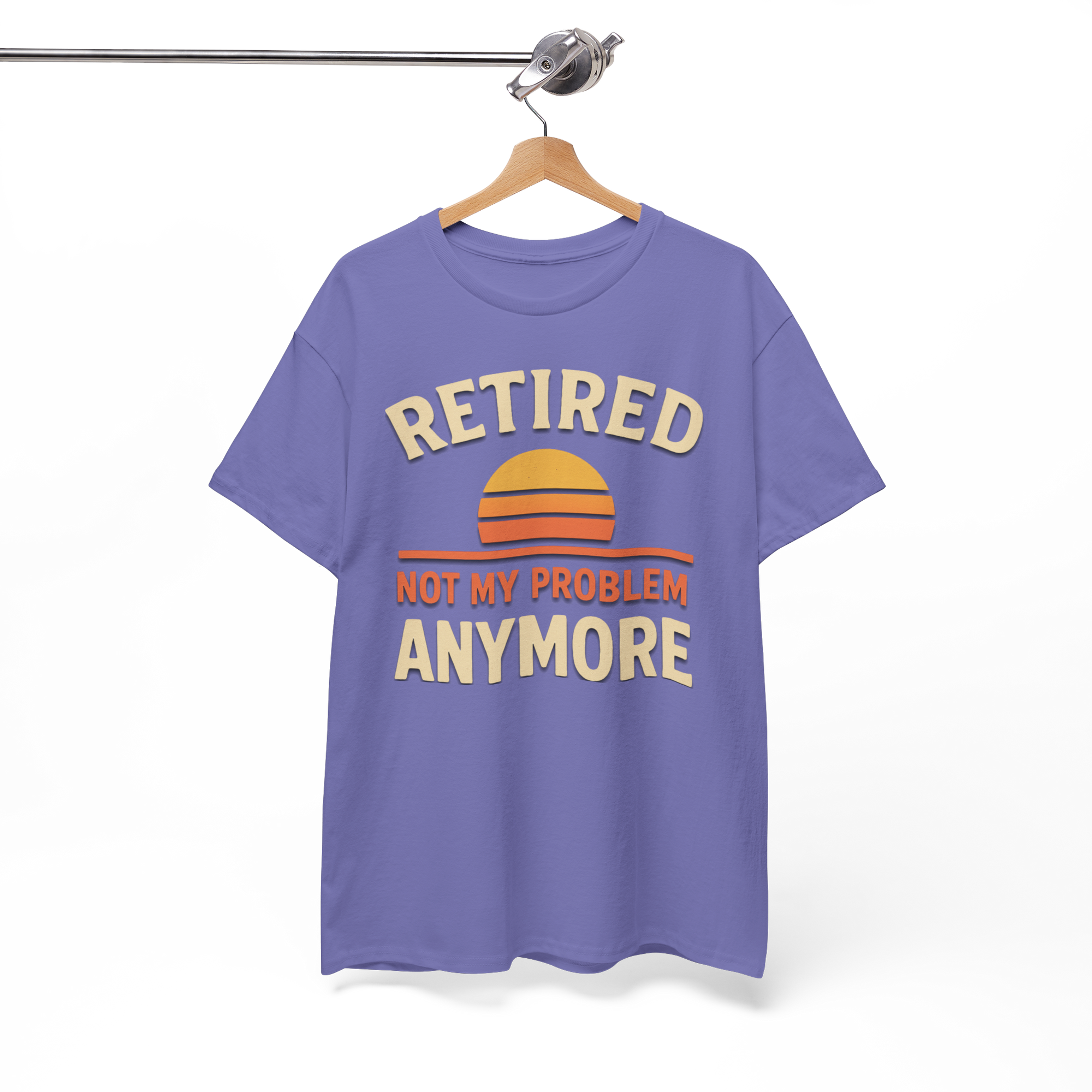 Lavender Gildan 5000 Basic T shirt with sunset graphic and the text RETIRED NOT MY PROBLEM ANYMORE