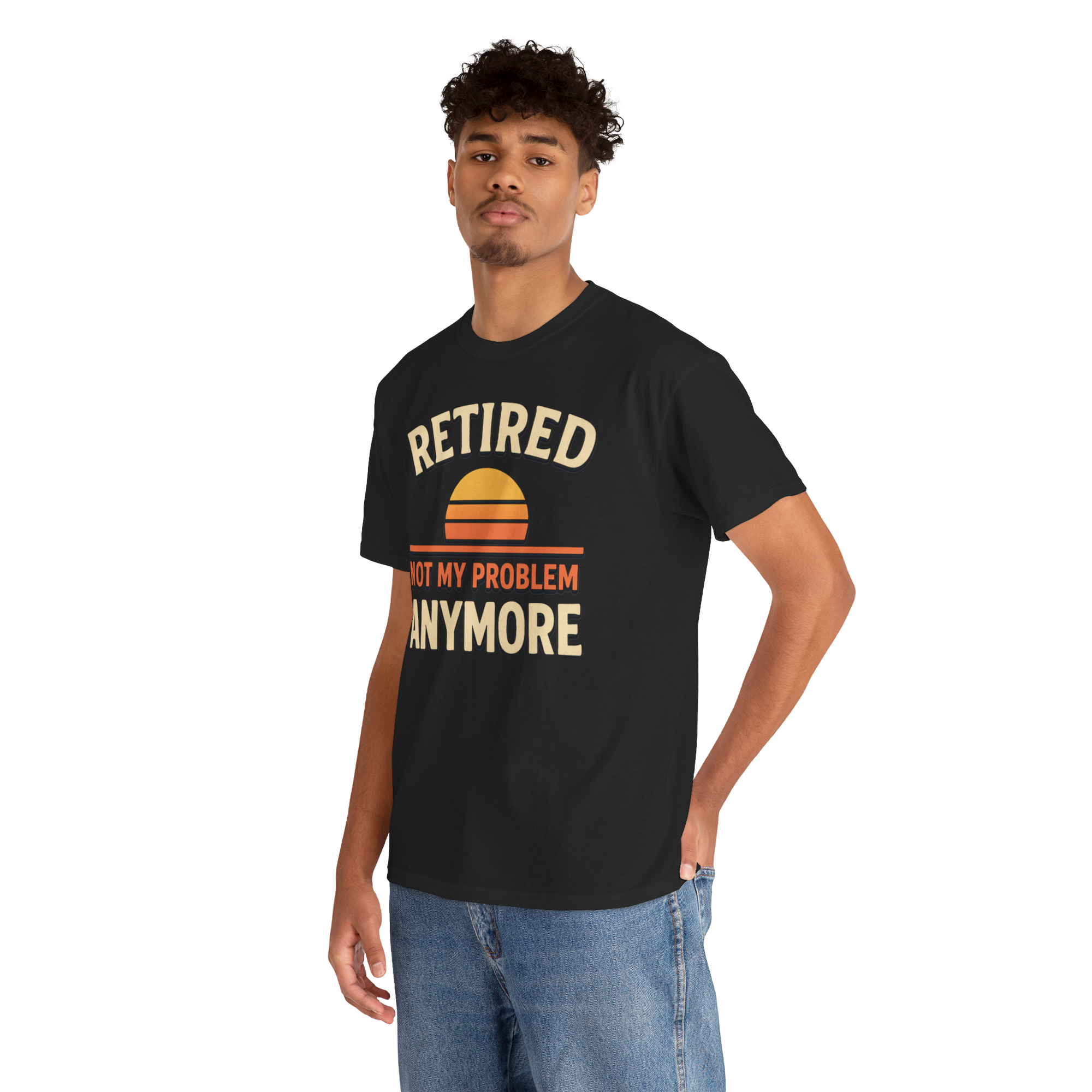 Man wearing black Retired Gildan 5000 Basic T shirt with retro sunset graphic and Not My Problem Anymore text.