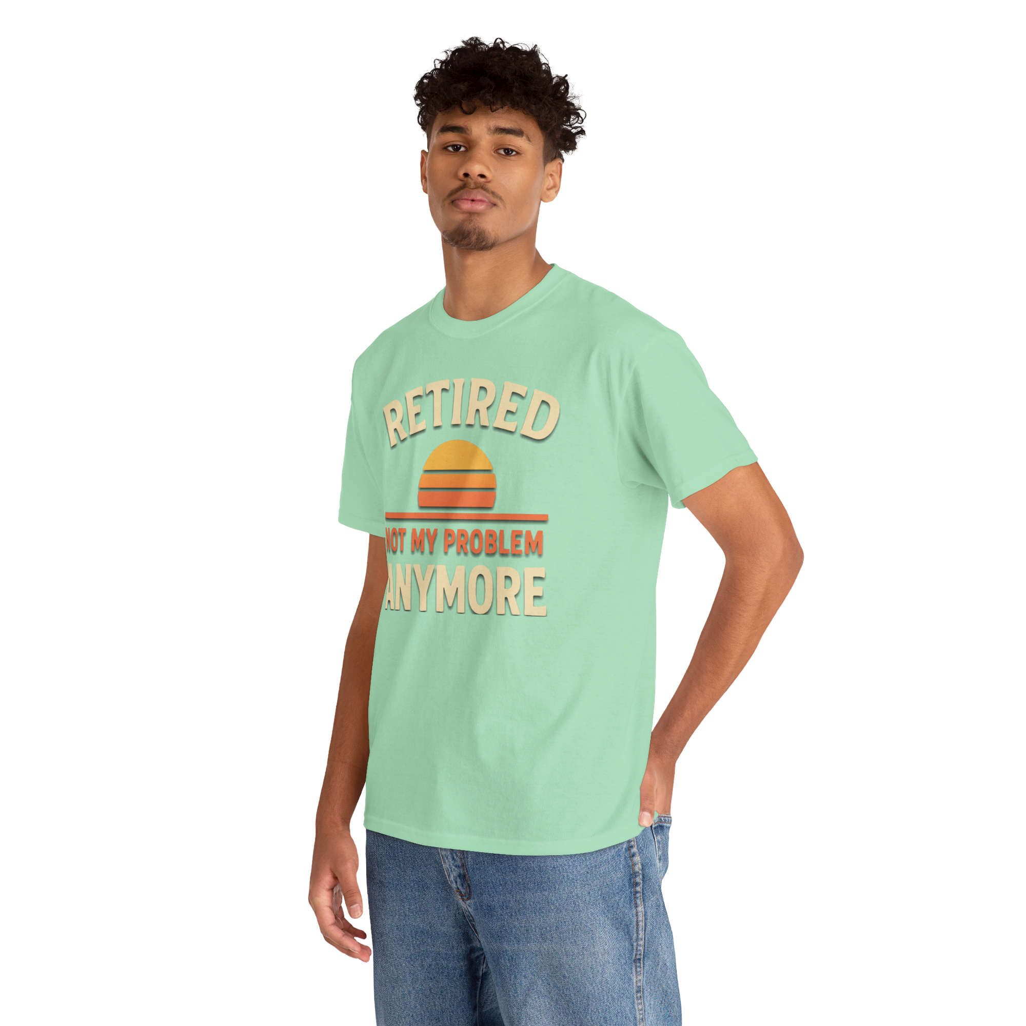 Model wearing mint-green Retired Gildan 5000 Basic T shirt with sunset graphic and NOT MY PROBLEM ANYMORE text.