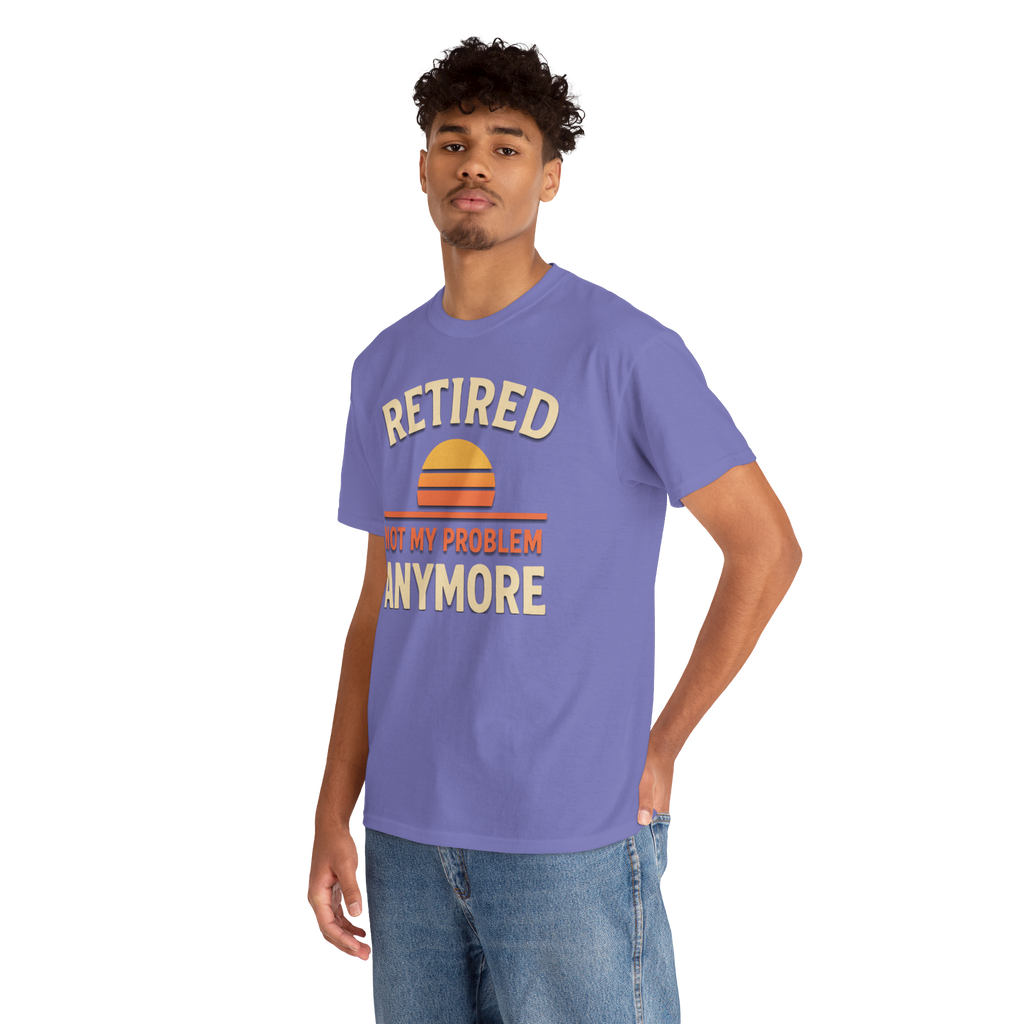 Man wearing a purple Retired Gildan 5000 Basic T shirt with sunset graphic and Not My Problem Anymore slogan