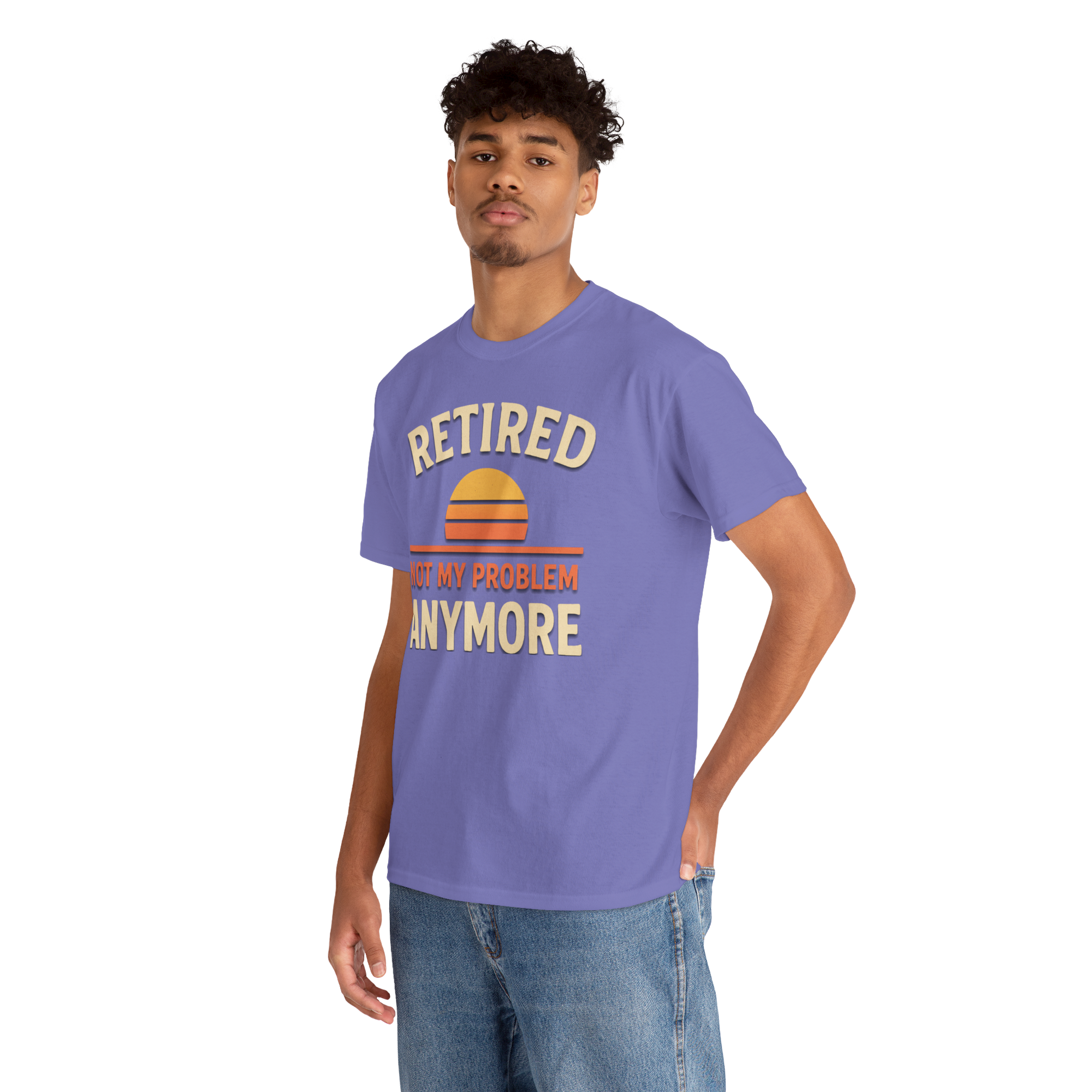Man wearing a purple Retired Gildan 5000 Basic T shirt with sunset graphic and Not My Problem Anymore slogan