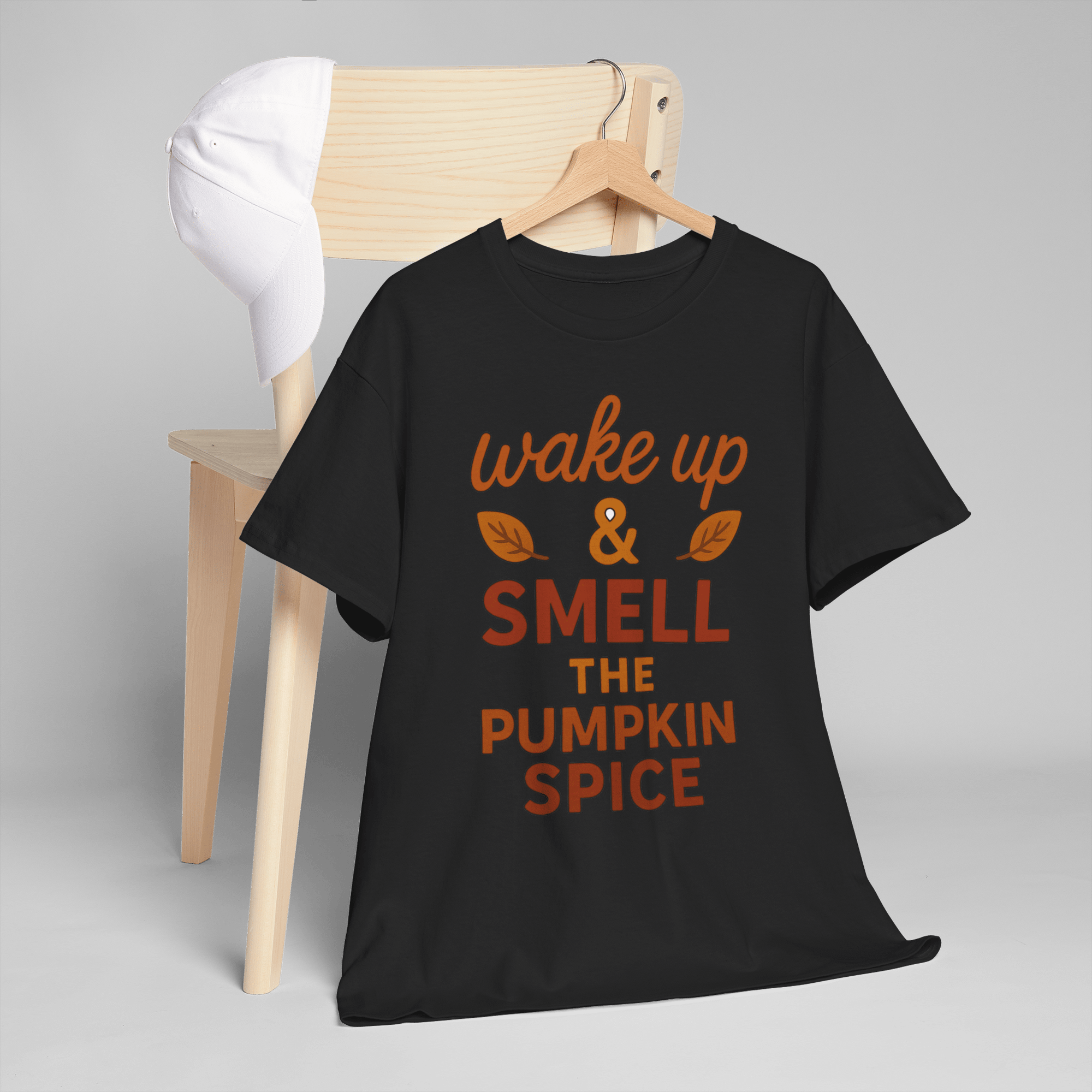 Gildan 5000 pumpkin spice black tee with orange wake up & smell the pumpkin spice design.