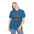Person wearing gildan 5000 pumpkin spice tee with orange wake up & smell the pumpkin spice text.
