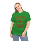 Woman wearing green gildan 5000 pumpkin spice T-shirt that reads 'wake up & smell the pumpkin spice' with leaf graphics.