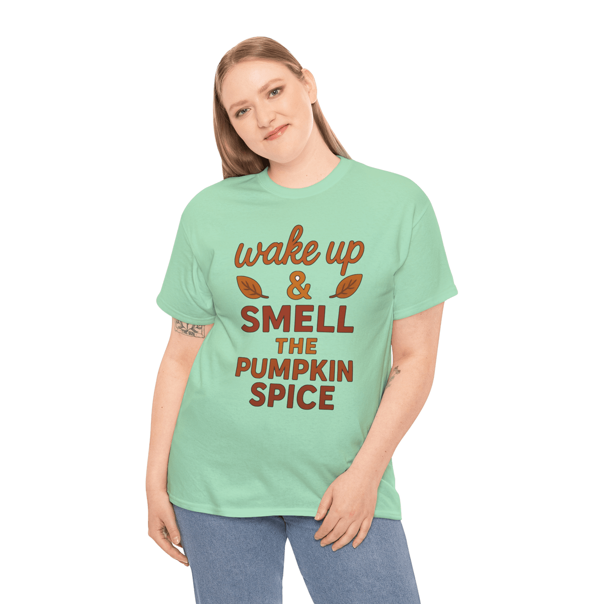 Mint green Gildan 5000 Pumpkin Spice tee with wake up & SMELL THE PUMPKIN SPICE on front.