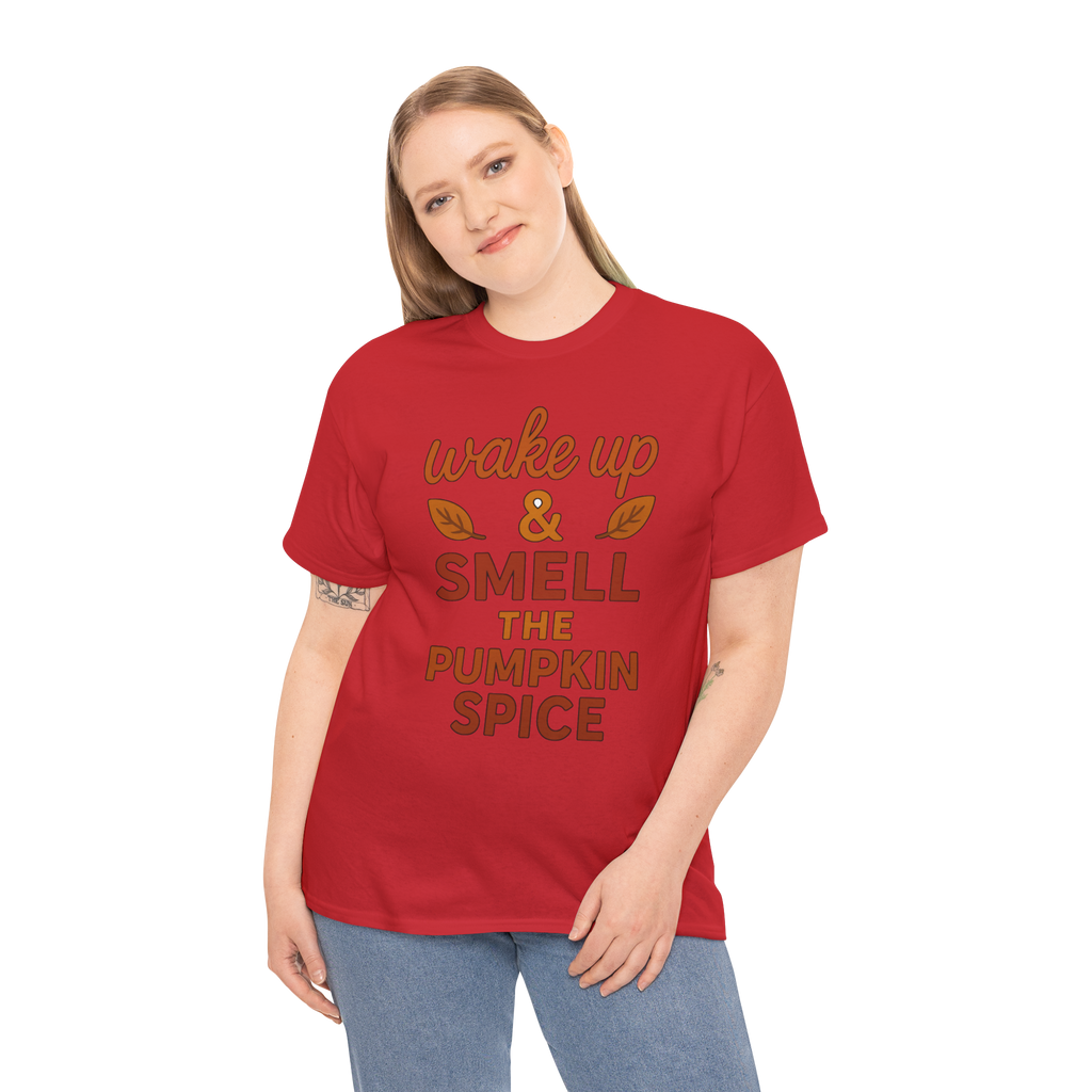 Red Gildan 5000 pumpkin spice tee with wake up & smell the pumpkin spice text and leaf graphics.