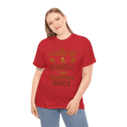 Red Gildan 5000 pumpkin spice tee with wake up & smell the pumpkin spice text and leaf graphics.