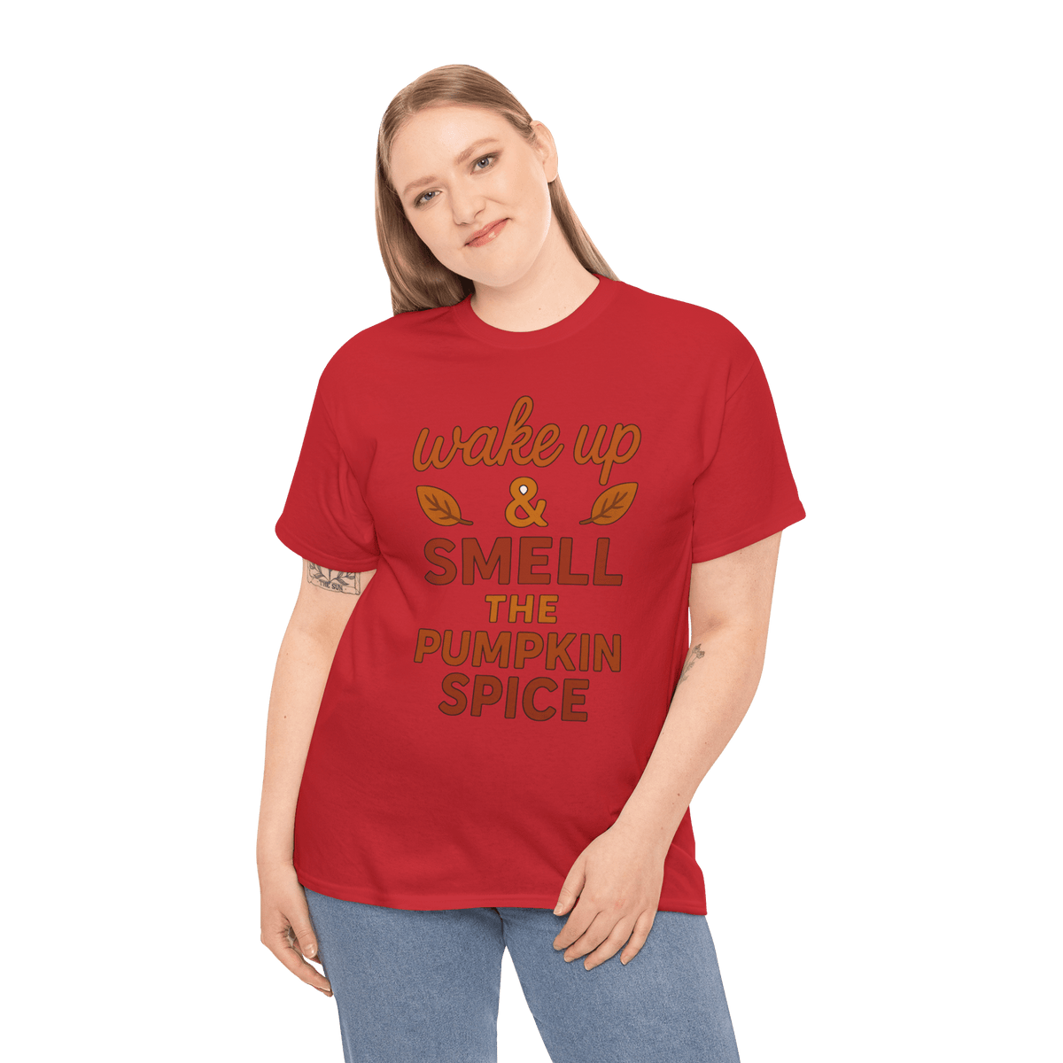 Red Gildan 5000 pumpkin spice tee with wake up & smell the pumpkin spice text and leaf graphics.