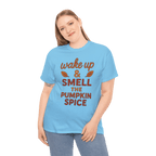 Model wearing gildan 5000 pumpkin spice T-shirt featuring wake up & smell the pumpkin spice message.