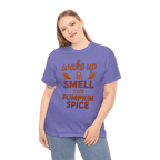 Woman in purple gildan 5000 tee with orange text wake up & smell the pumpkin spice and leaf graphics.