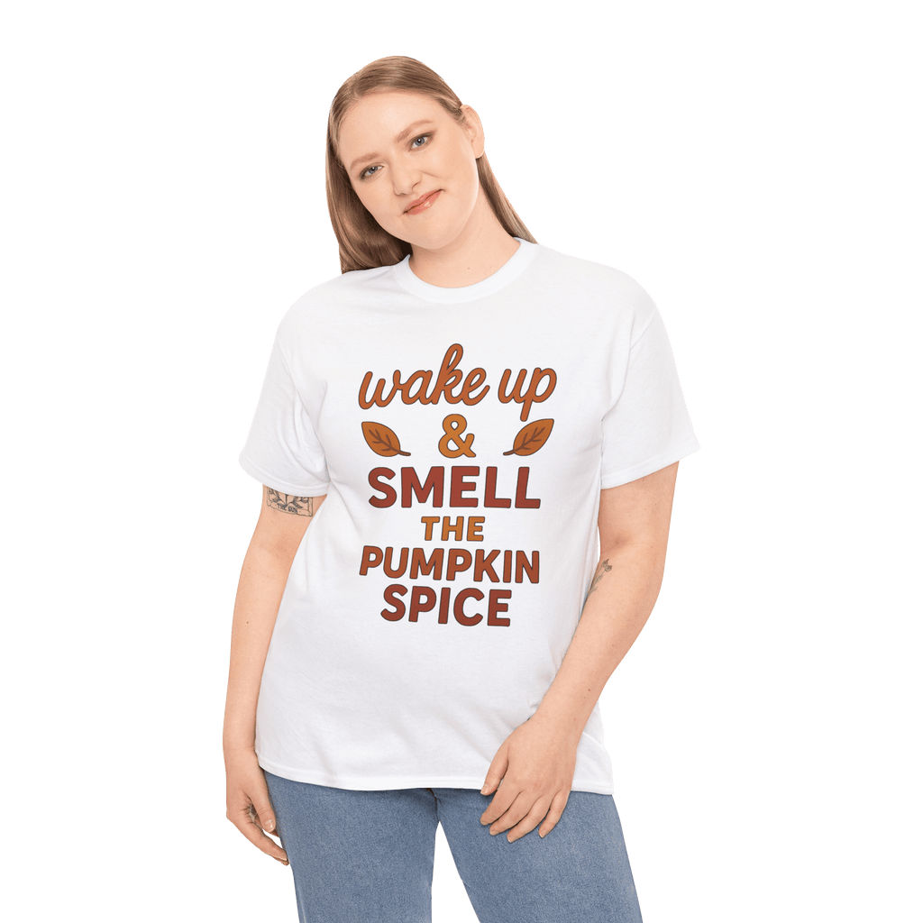 White Gildan 5000 t-shirt featuring wake up & smell the pumpkin spice text, worn by a model.