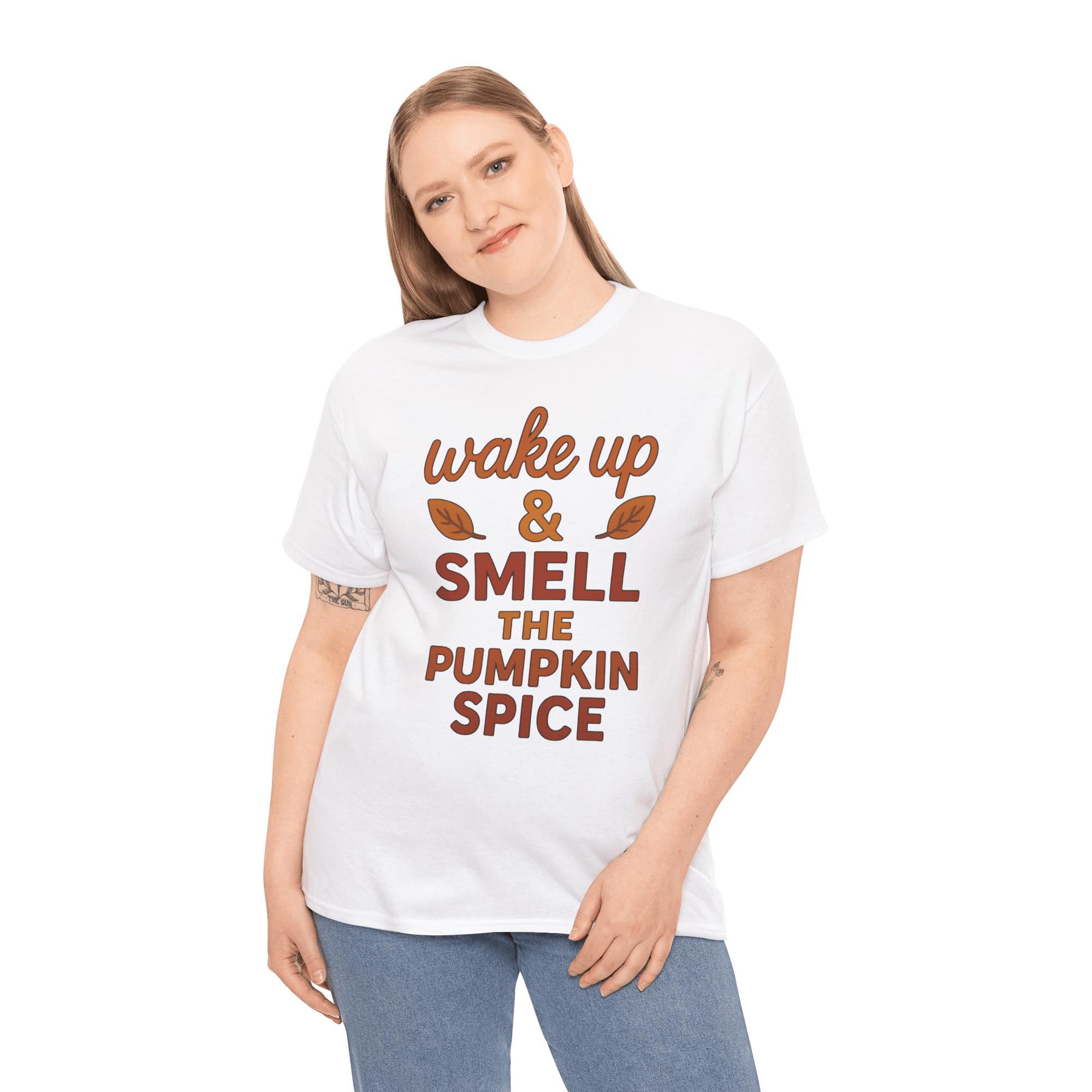 White Gildan 5000 t-shirt featuring wake up & smell the pumpkin spice text, worn by a model.