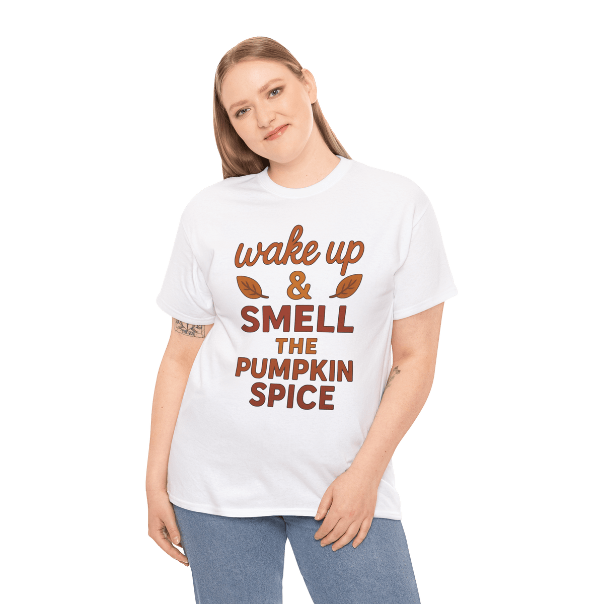 White Gildan 5000 t-shirt featuring wake up & smell the pumpkin spice text, worn by a model.