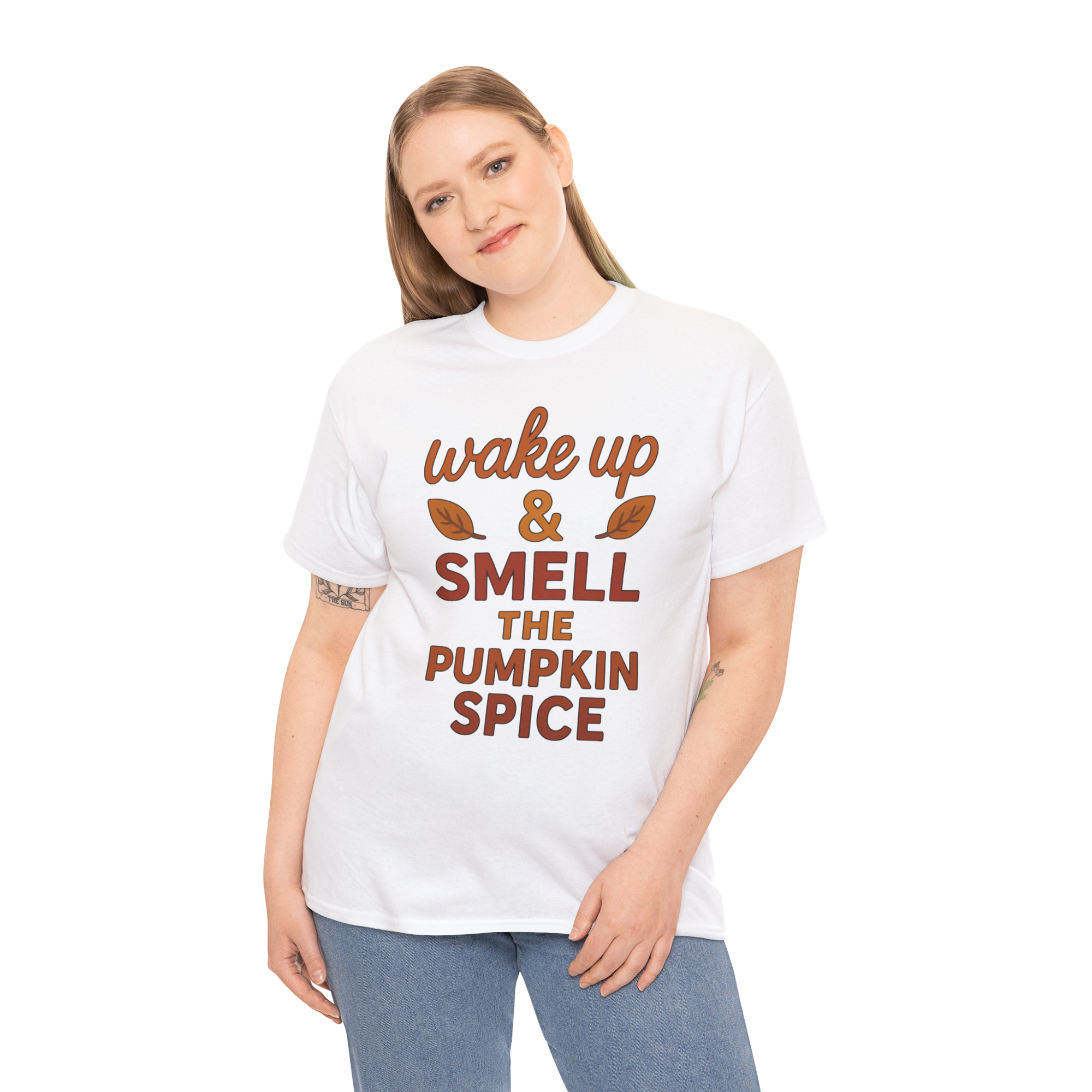 White Gildan 5000 t-shirt featuring wake up & smell the pumpkin spice text, worn by a model.