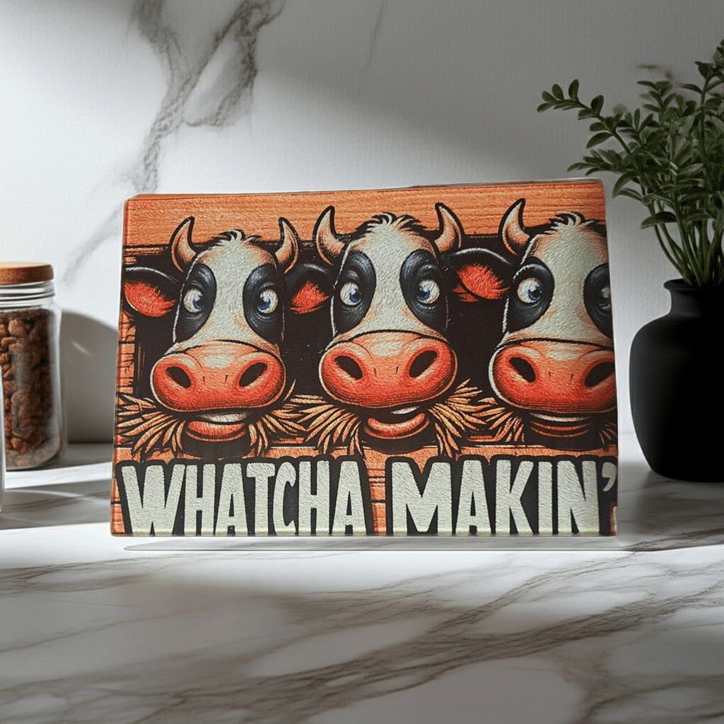 A rectangular decorative glass Sublimation cutting board with a humorous illustration of three cows' faces above the text 'WHATCHA MAKIN'', displayed on a marble surface with a plant and jar in the background.