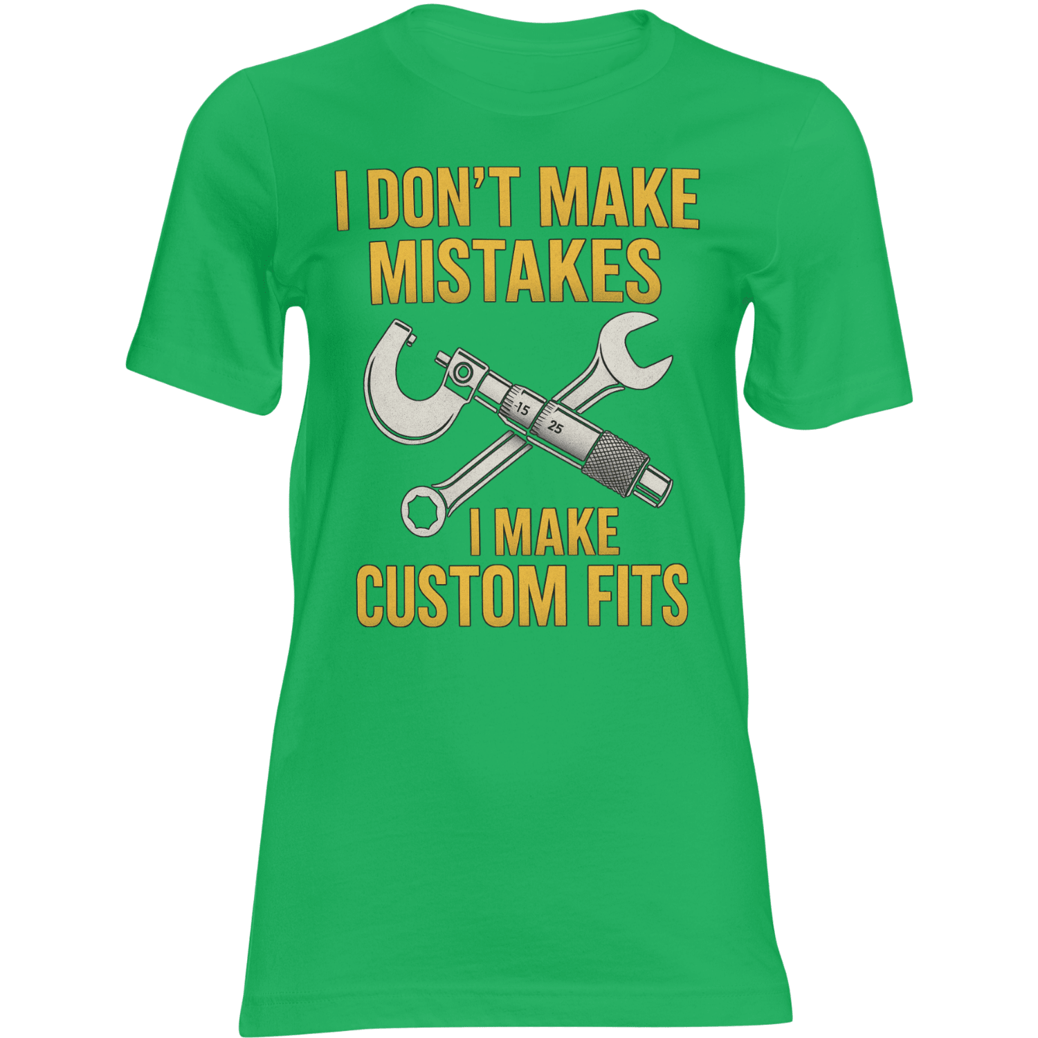Green t-shirt with yellow text and crossed wrenches on a transparent background
