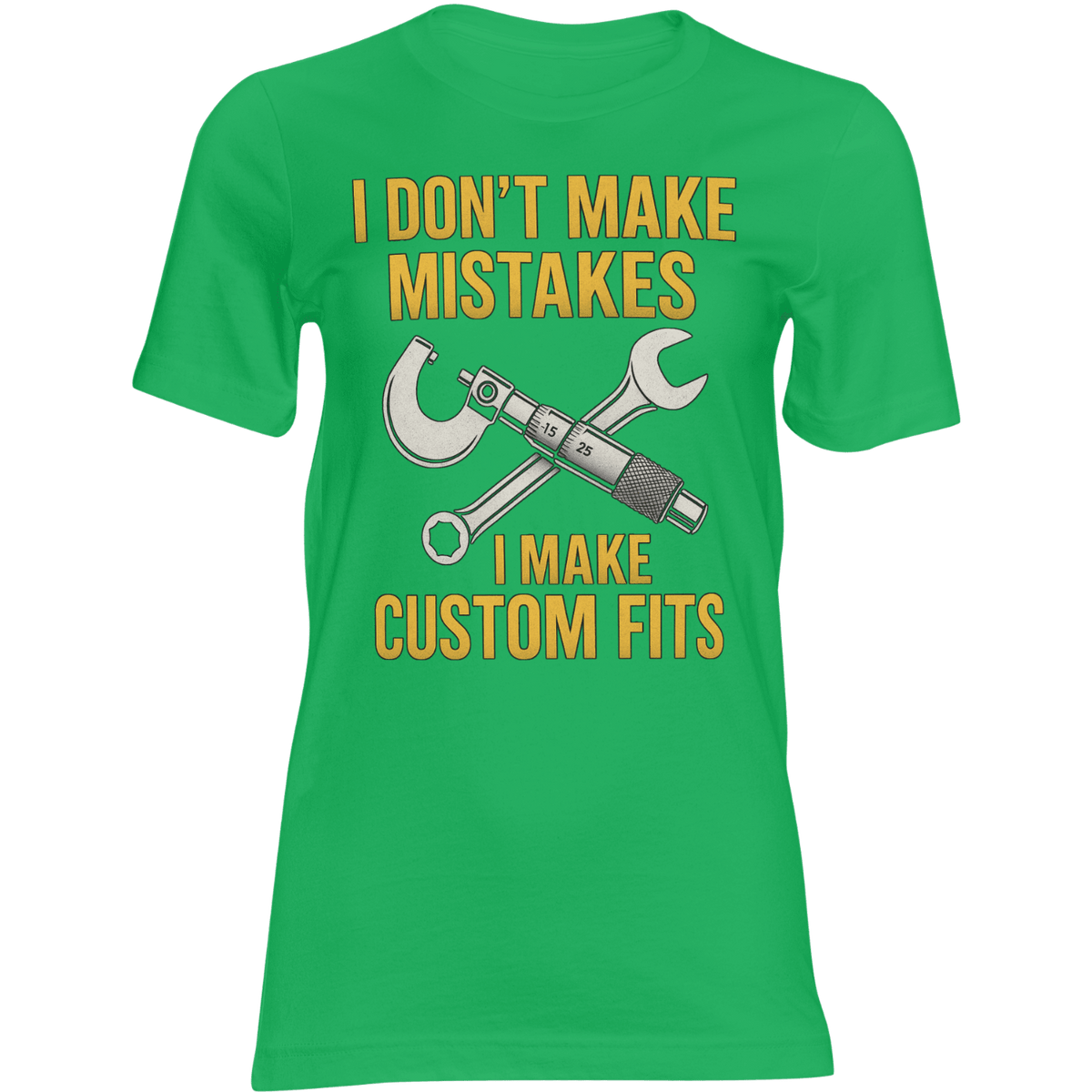 Green t-shirt with yellow text and crossed wrenches on a transparent background