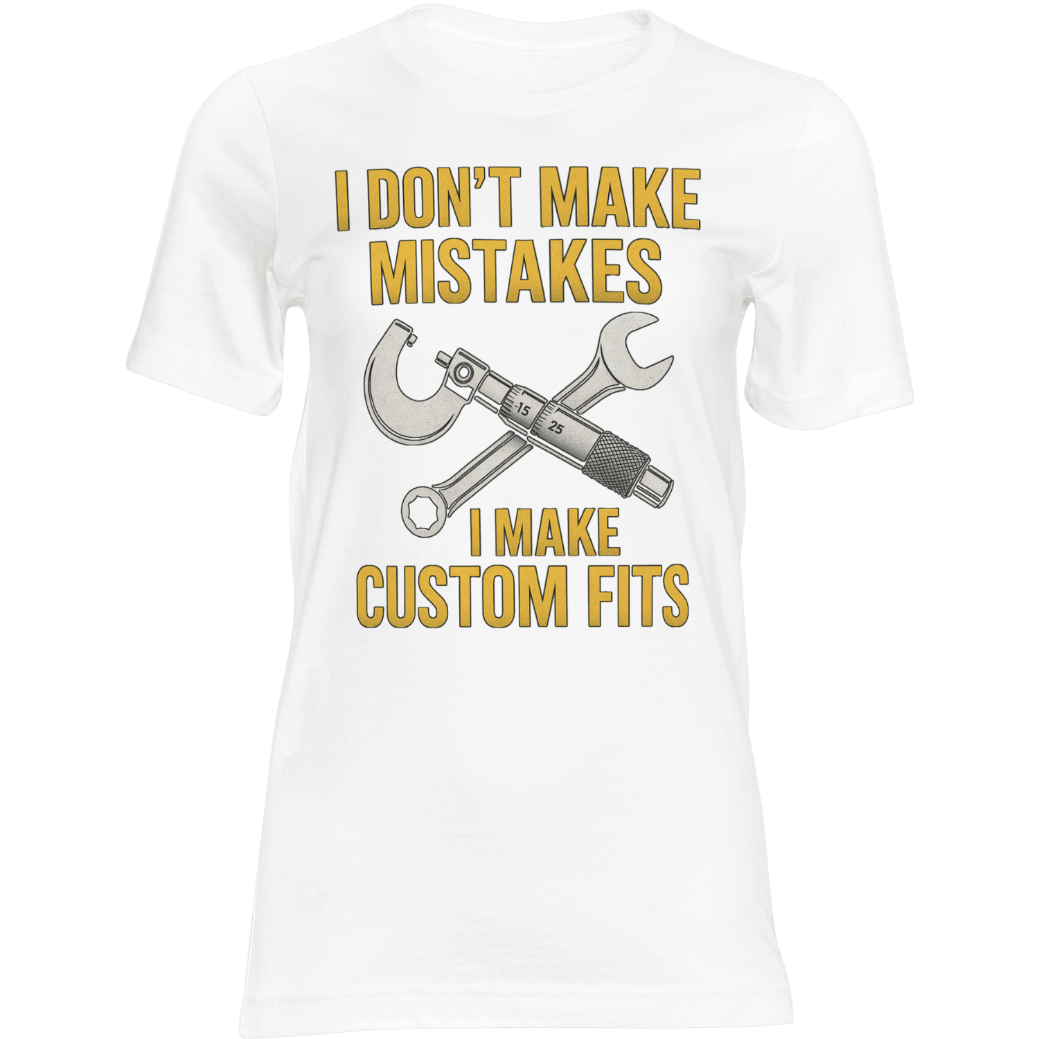 White t-shirt with yellow text and crossed wrenches on a green background