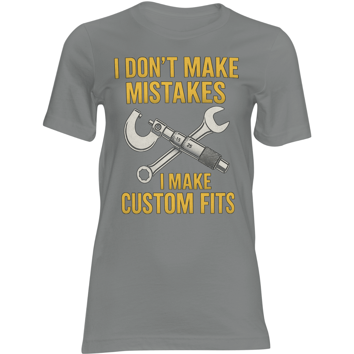Gray t-shirt with yellow text and crossed wrenches on a transparent background