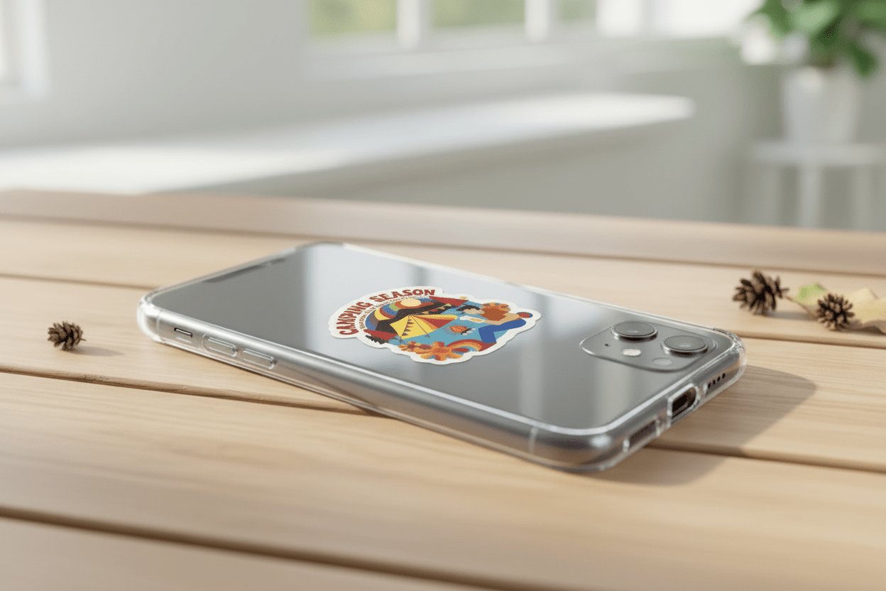 Phone case with a colorful design on a wooden surface