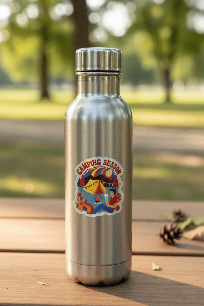 Silver water bottle with a 'Camping Season' sticker on a wooden surface with a blurred natural background
