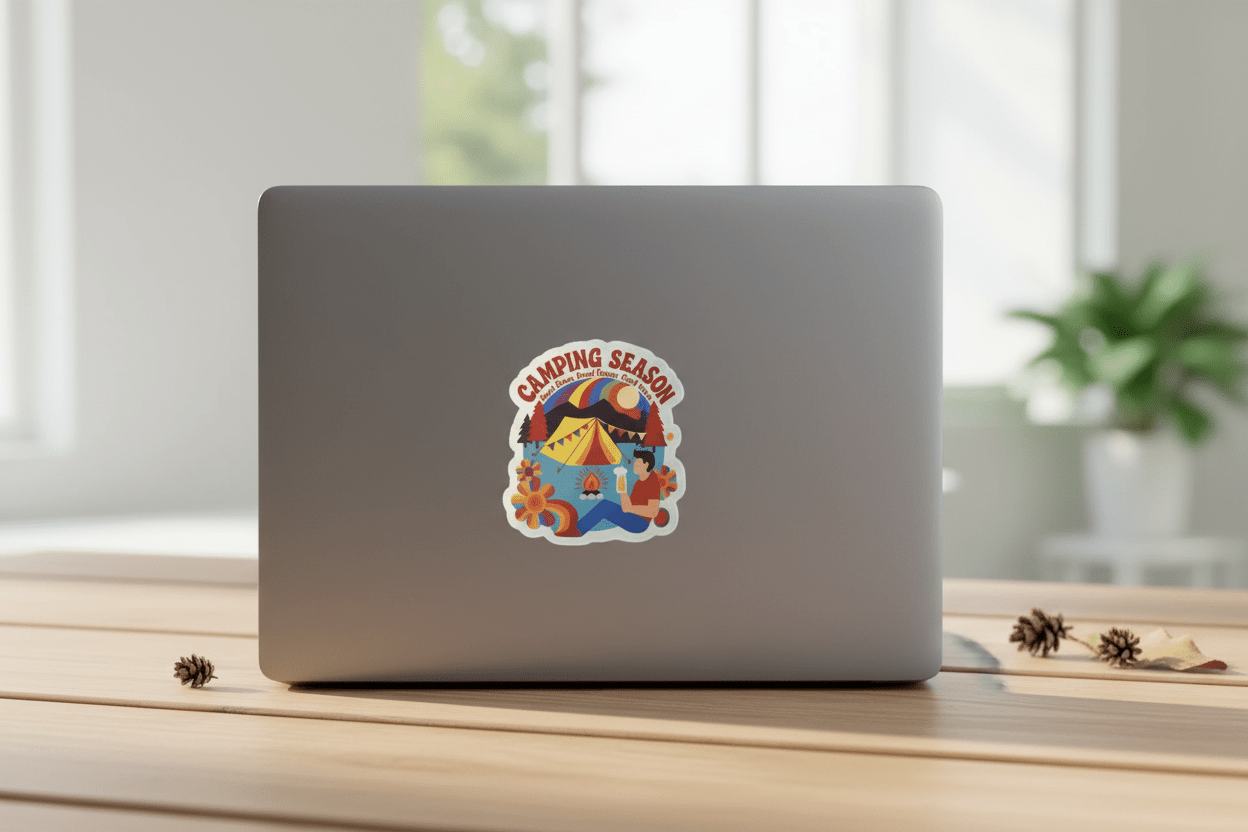 Laptop sticker camping scene with Camping Season