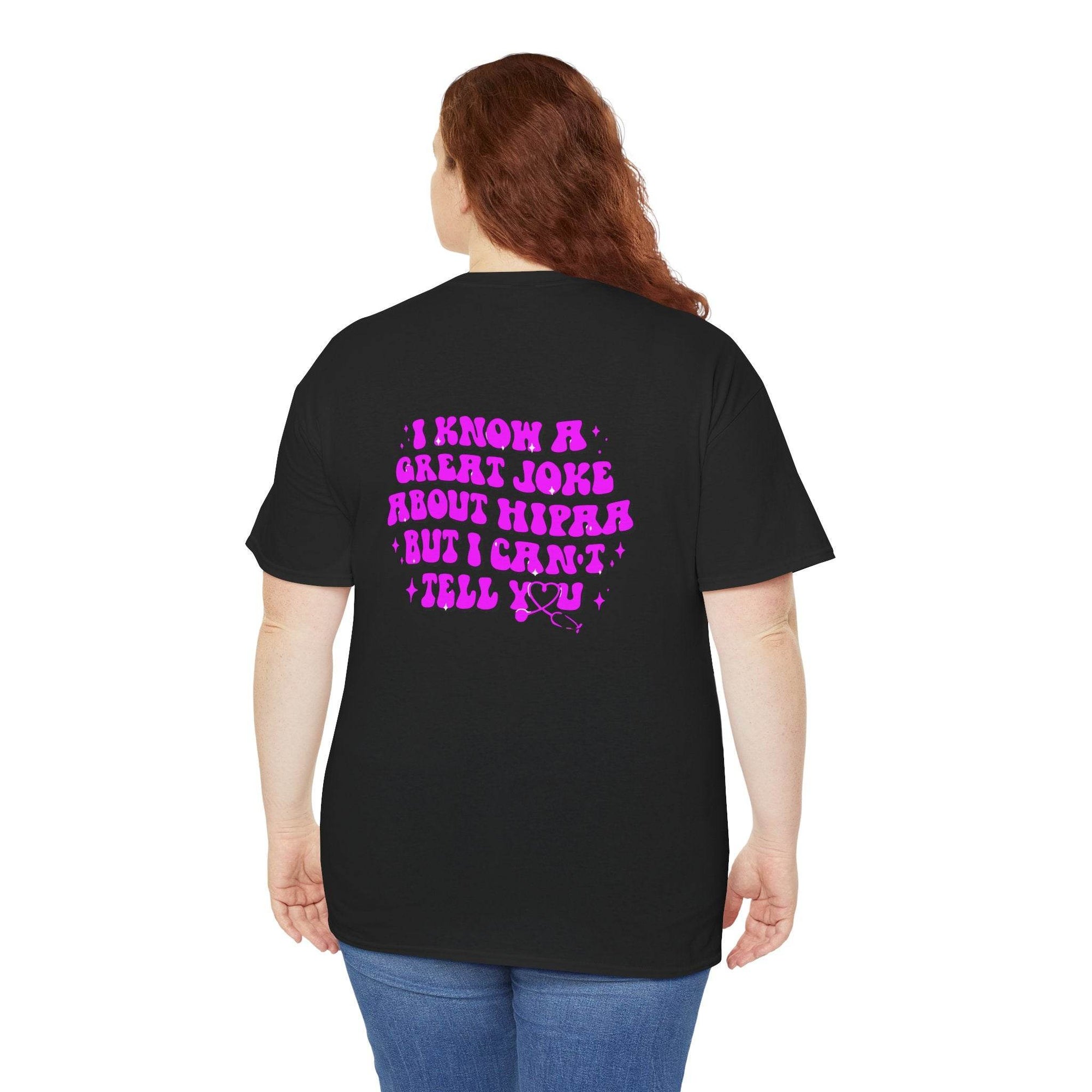 Back view of a person wearing a black T-shirt with a purple HIPAA joke graphic on the back.