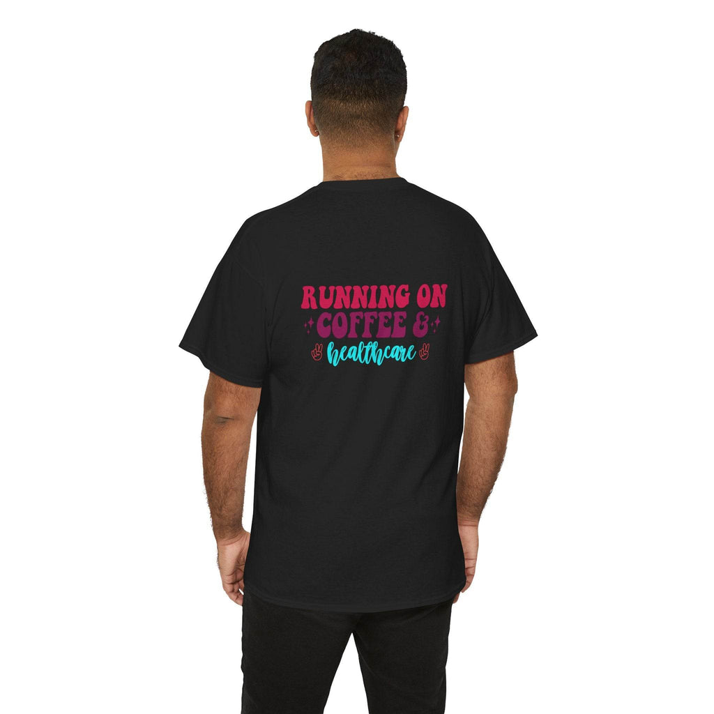 Black T-shirt with back print: Running on Coffee & Healthcare in pink and teal.