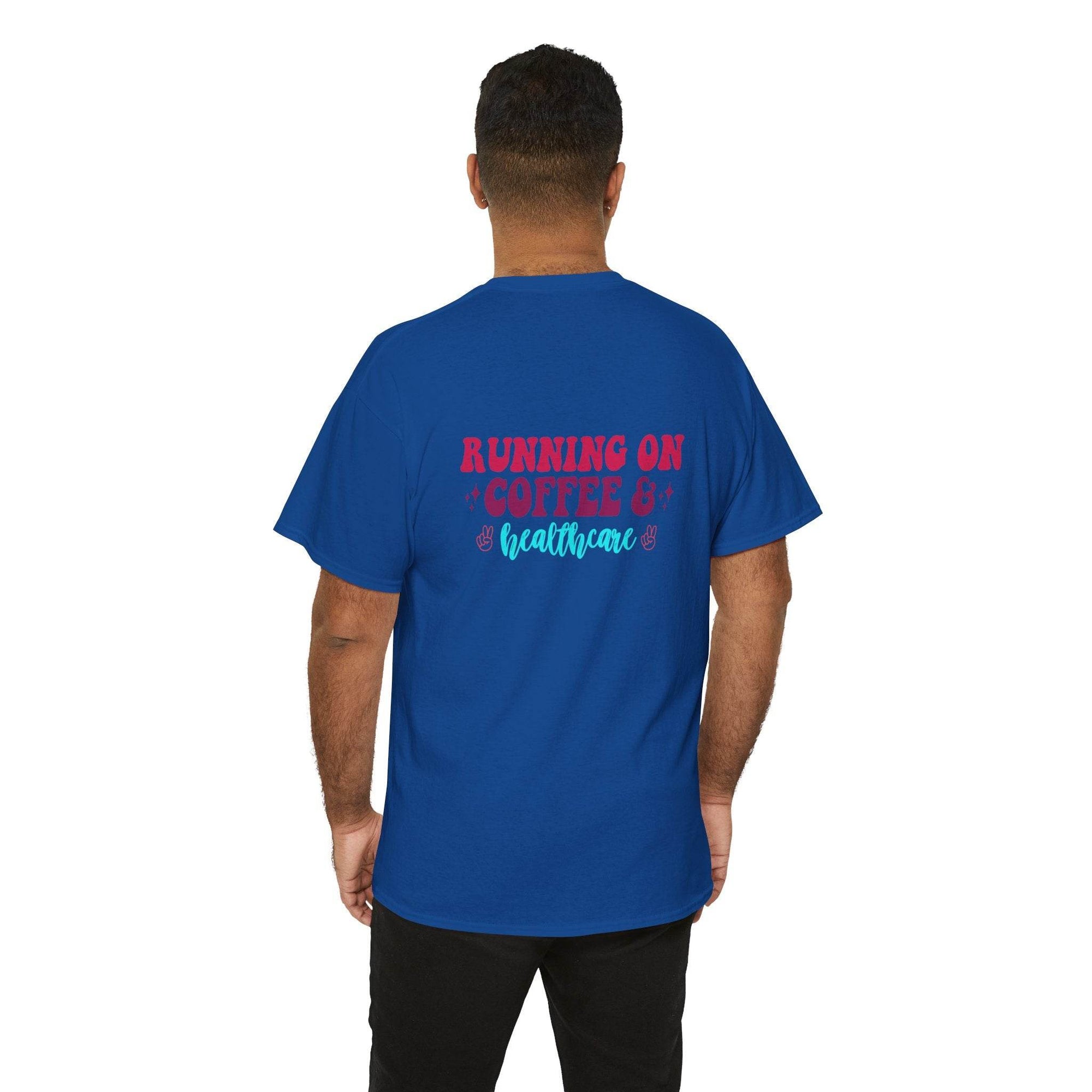 Blue t-shirt with back print RUNNING ON COFFEE & healthcare worn by man